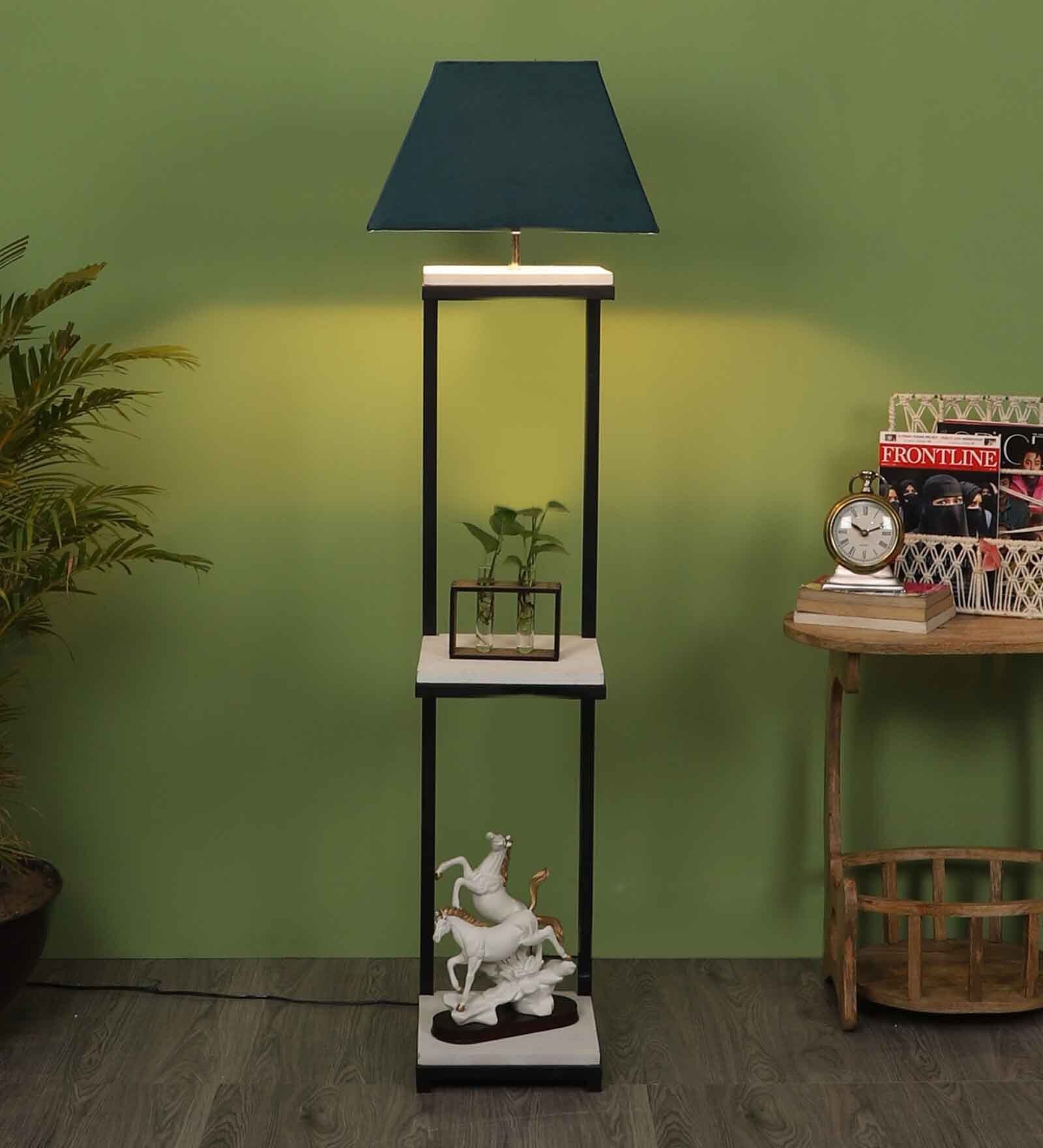 Faraday Grey Fabric Shade Shelf Floor Lamp With Wood Base