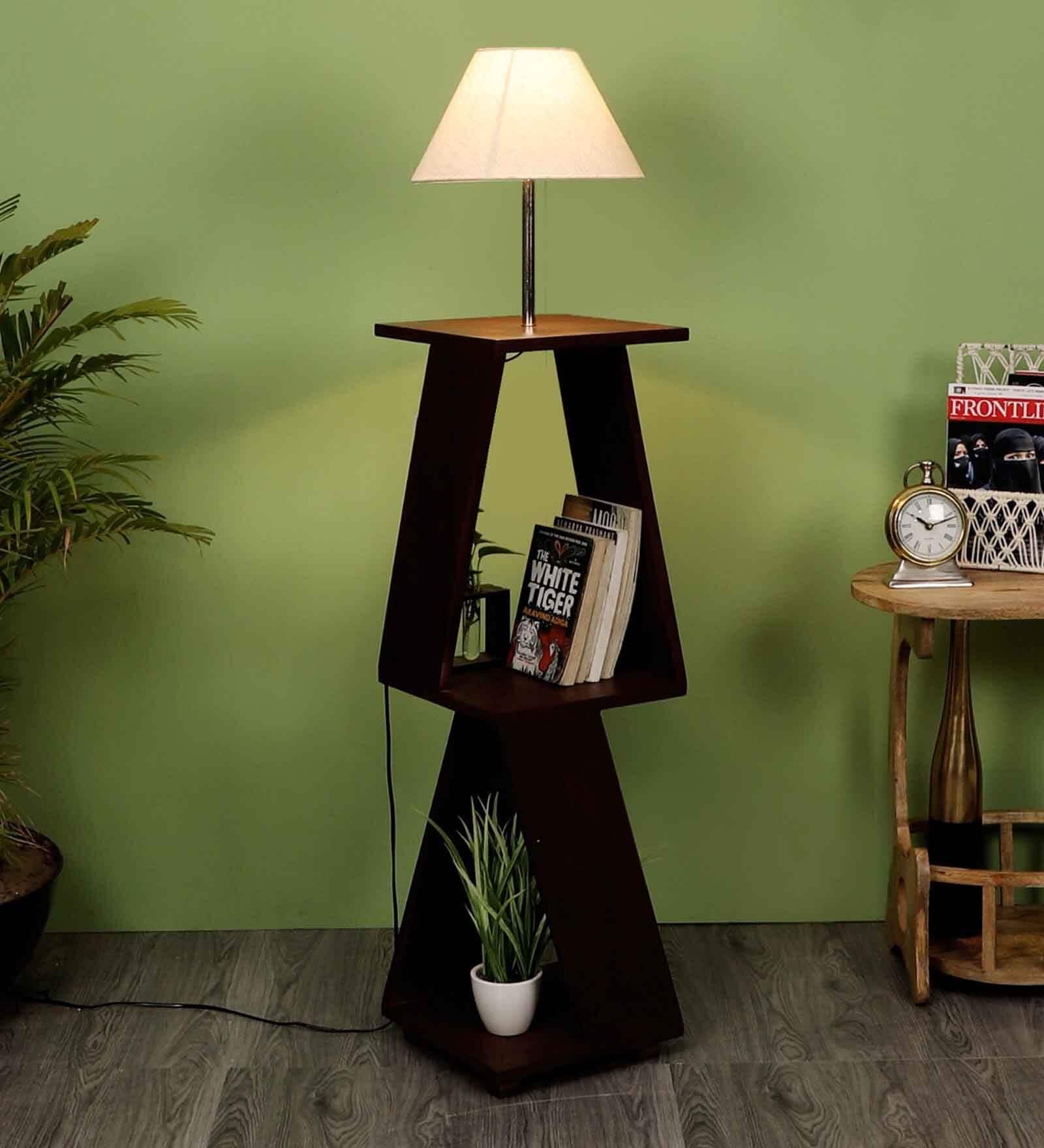 Grey Fabric Shade Floor Lamp With Brown Base