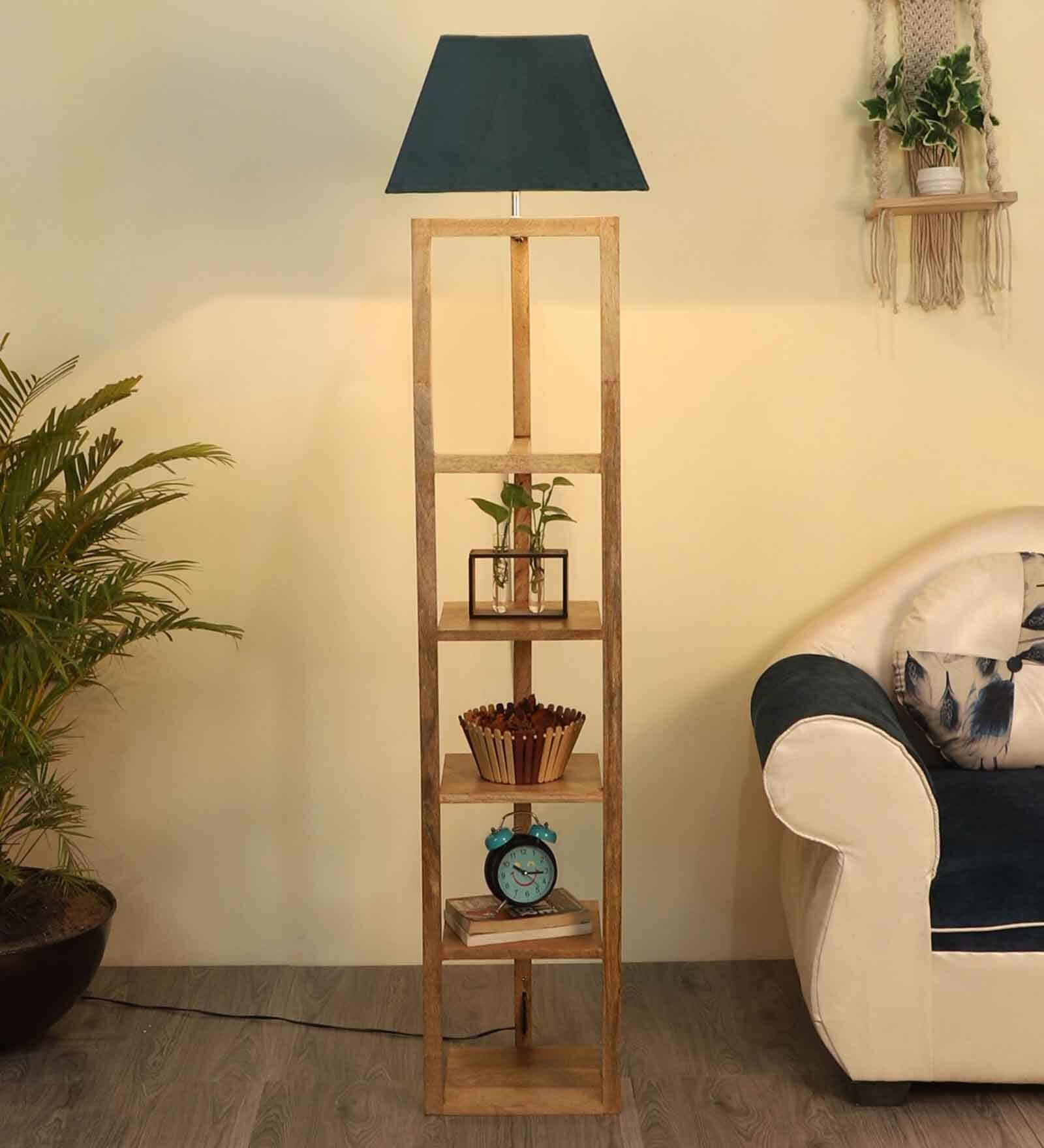 Studio15 Grey Fabric Shade Shelf Floor Lamp With Wood Base