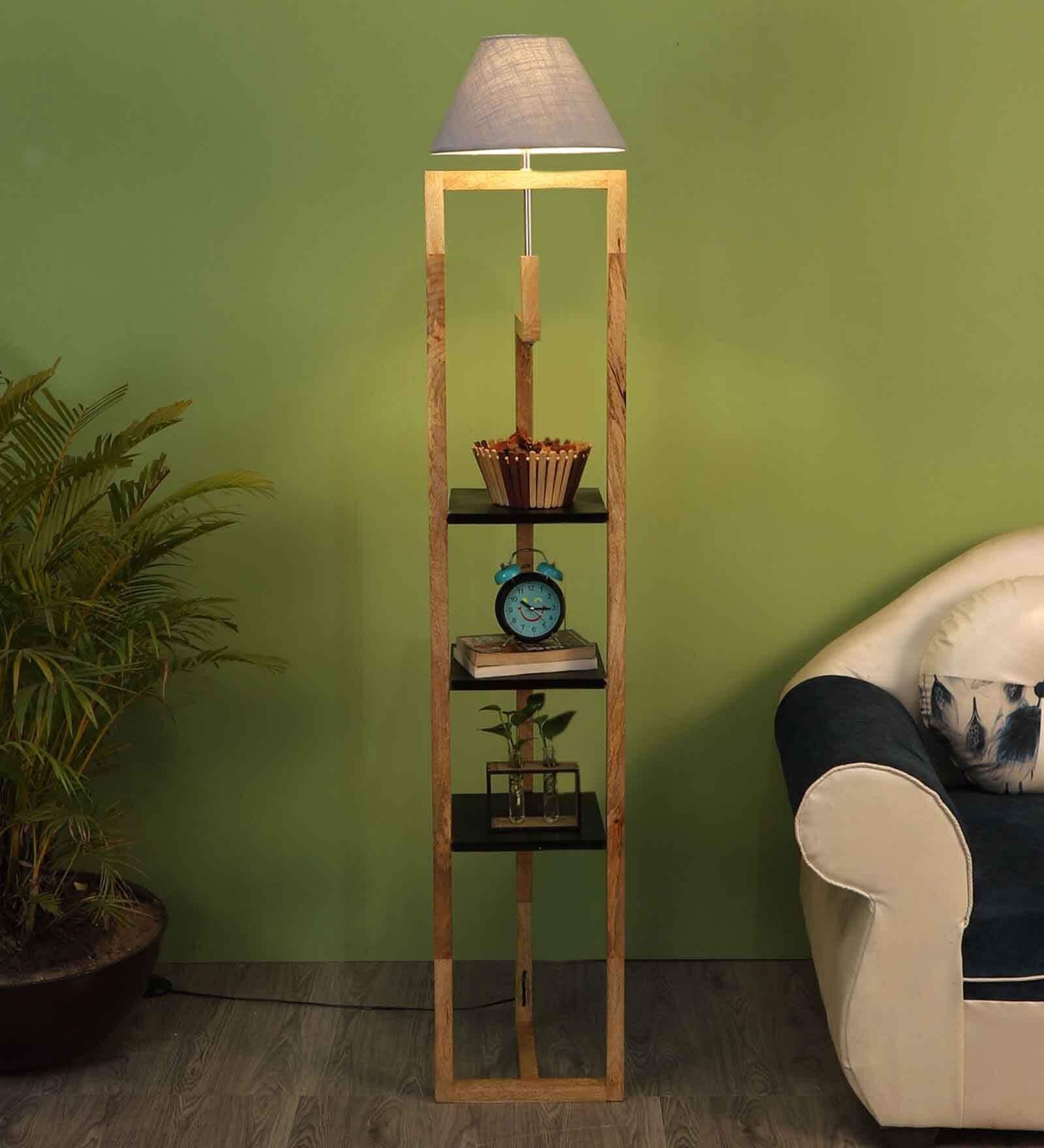 Creative Grey Fabric Shade Shelf Floor Lamp With Wood Base