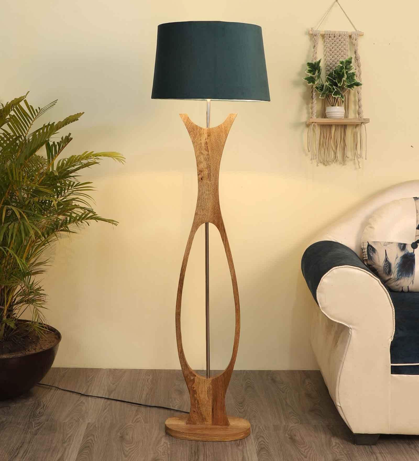 Diseno Grey Fabric Shade Club Floor Lamp With Wood Base