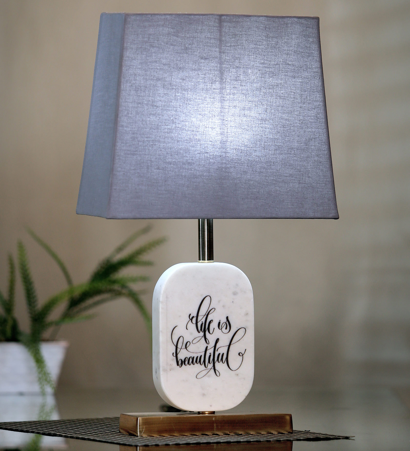 Grey Fabric Shade Marble Table LED Lamp With Antique Brass Base