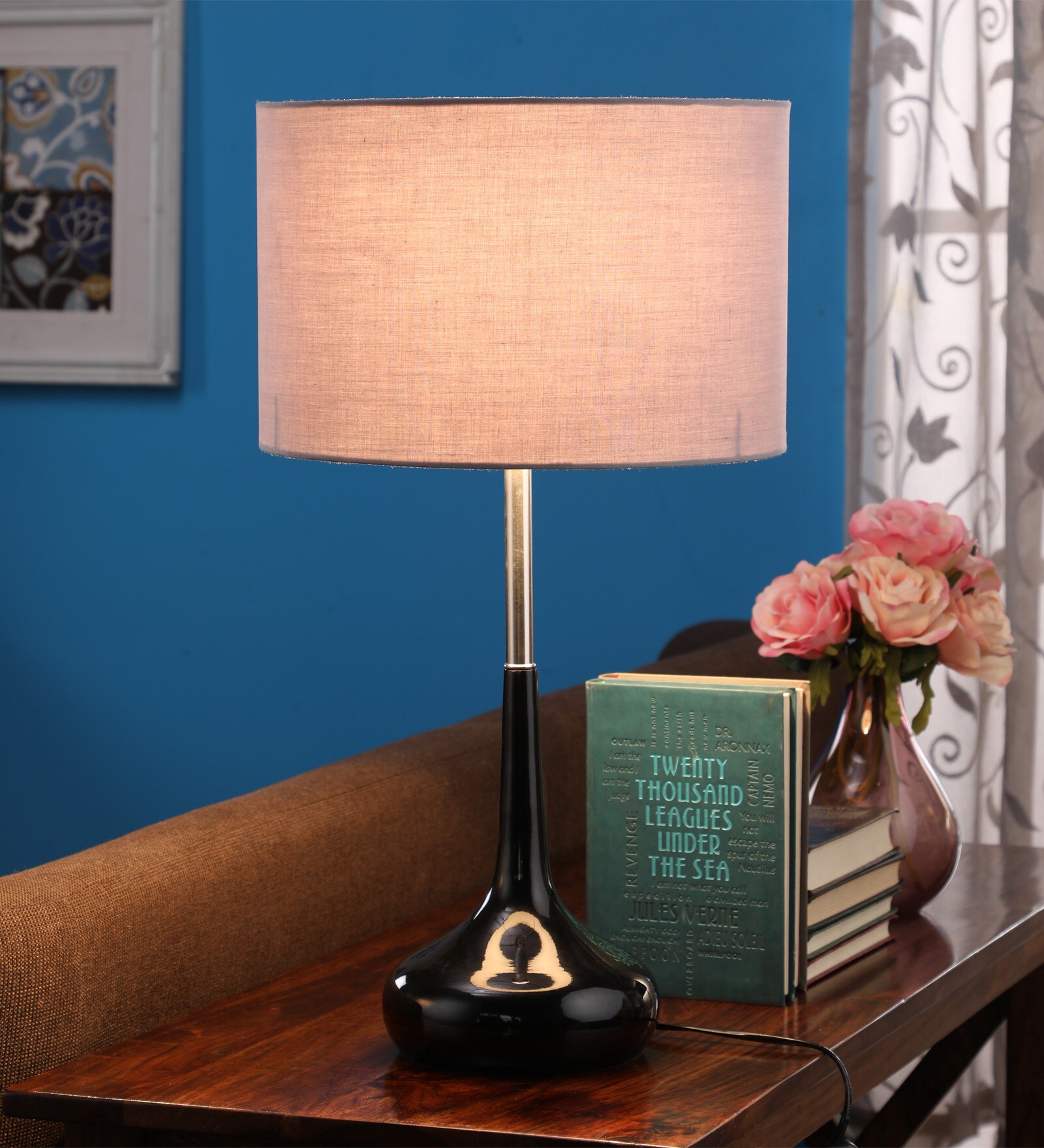 Buy Grey Fabric Shade Table Lamp with Black Base by Pristine Interiors