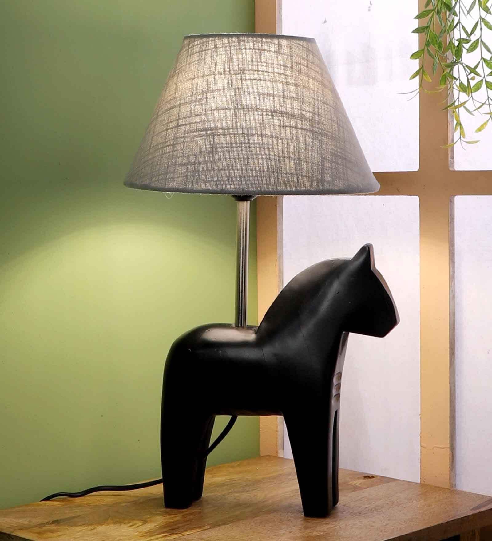Grey Fabric Shade Table Lamp With Black Base