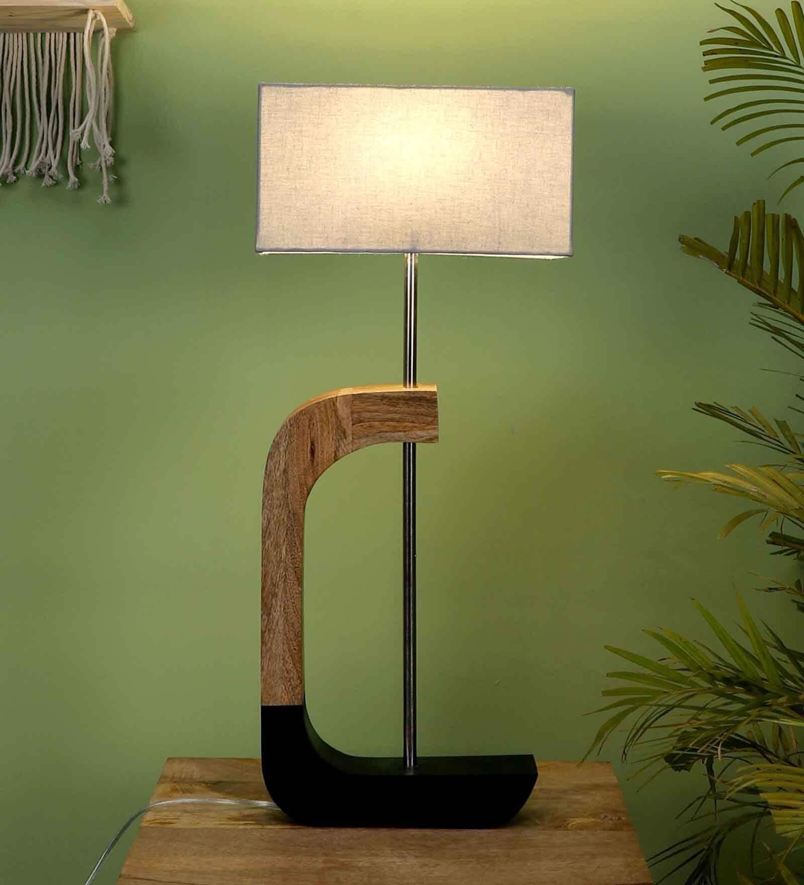 Grey Fabric Shade Table Lamp With Brown & Black Base