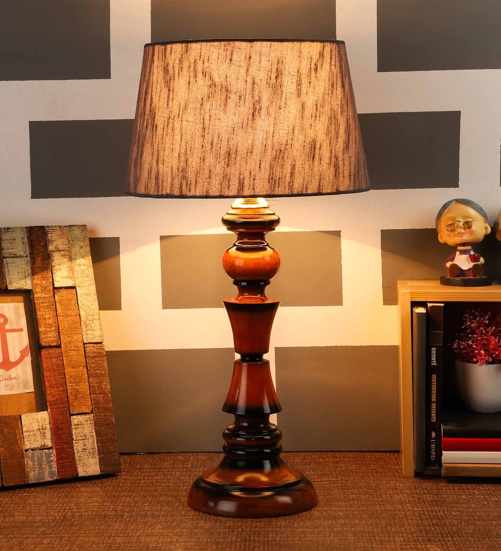 Metz Grey Fabric Shade Night Lamp With Wood Base