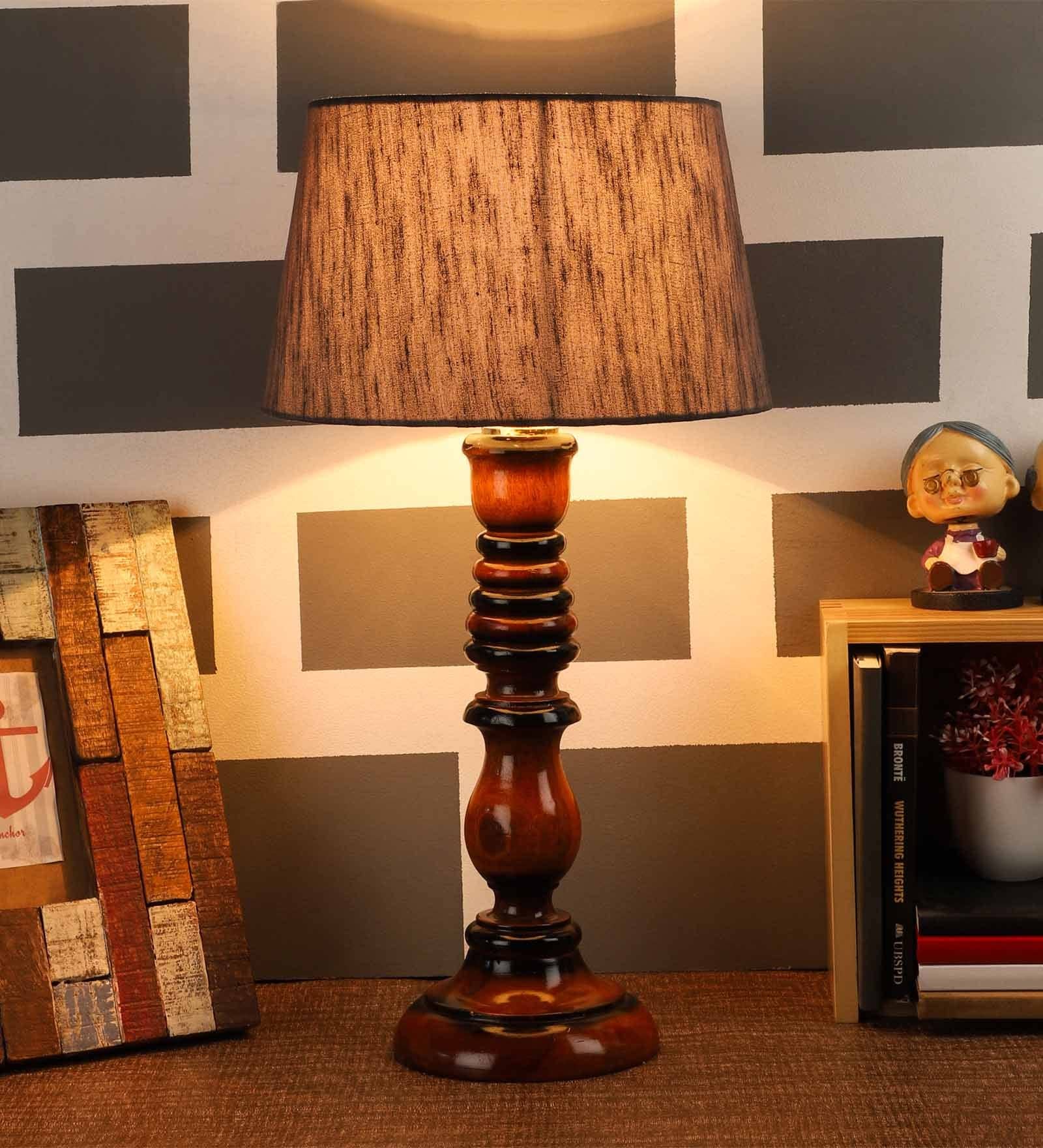 Grey Fabric Shade Table Lamp With Brown Base