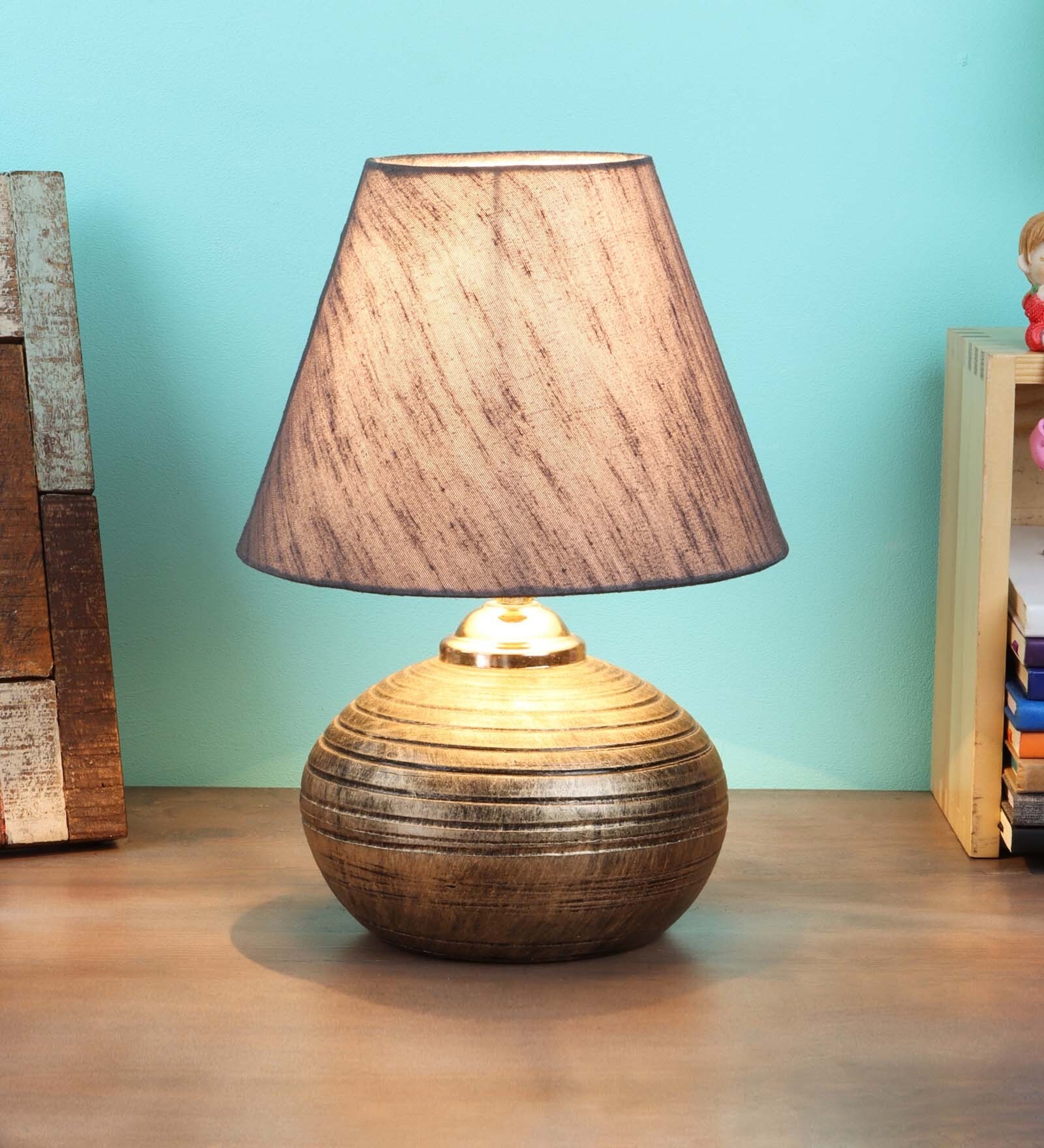 Bastian Grey Fabric Shade Night Lamp With Teracotta Base