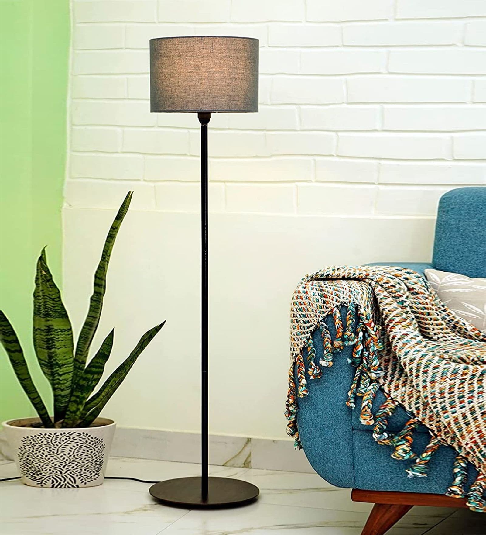 Grey Floor Lamp with Wooden Base