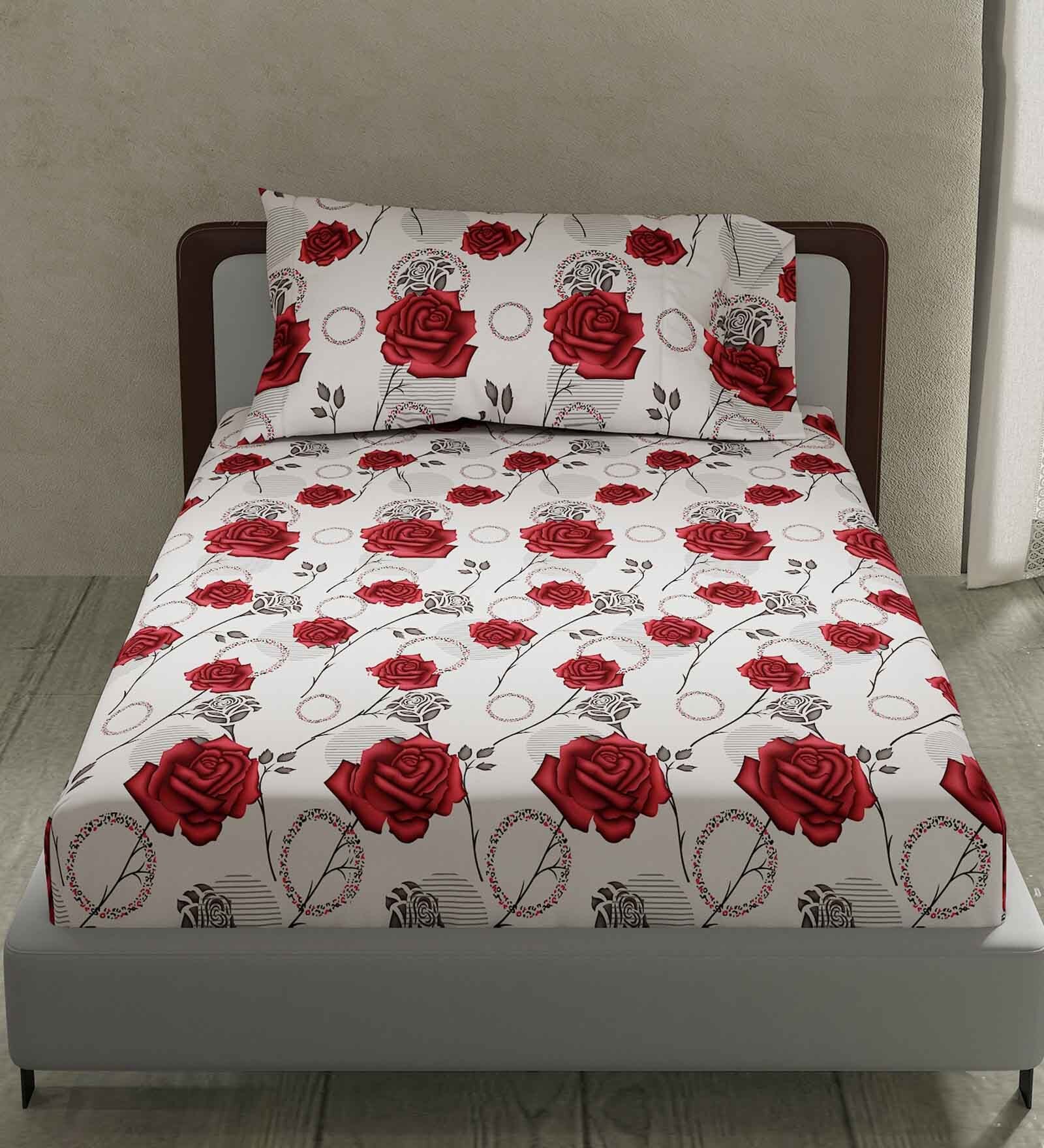Red and White Floral 180 TC Cotton Single Bedsheet with 1 Pillow Cover