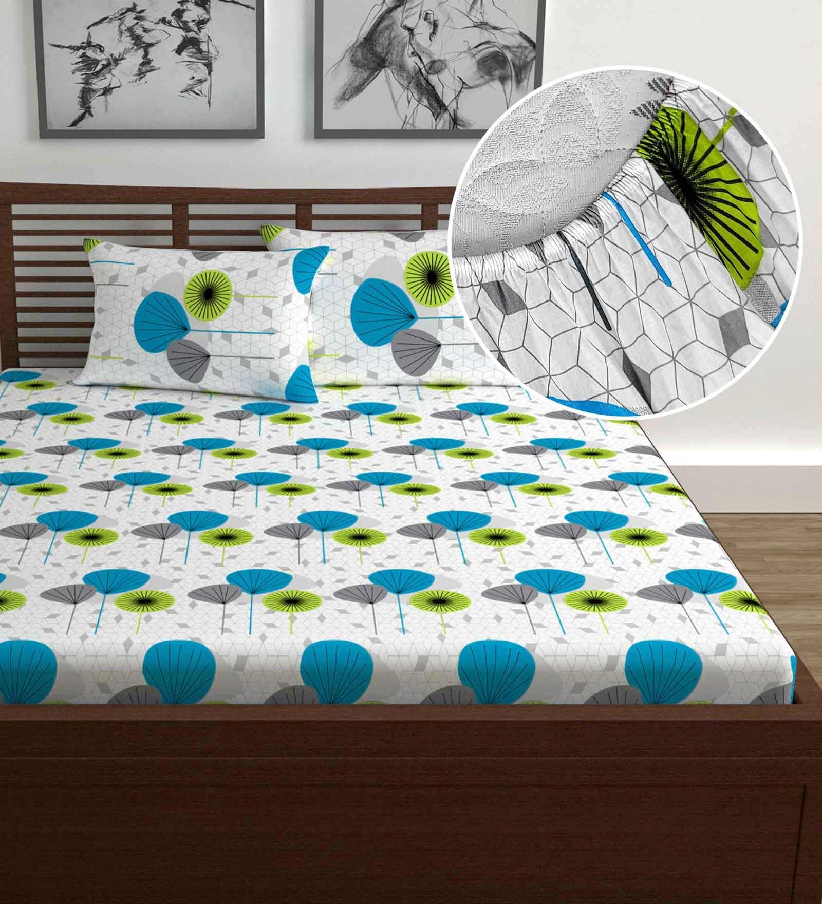 White Floral 144 TC Cotton Double Fitted Bedsheet with 2 Pillow Covers