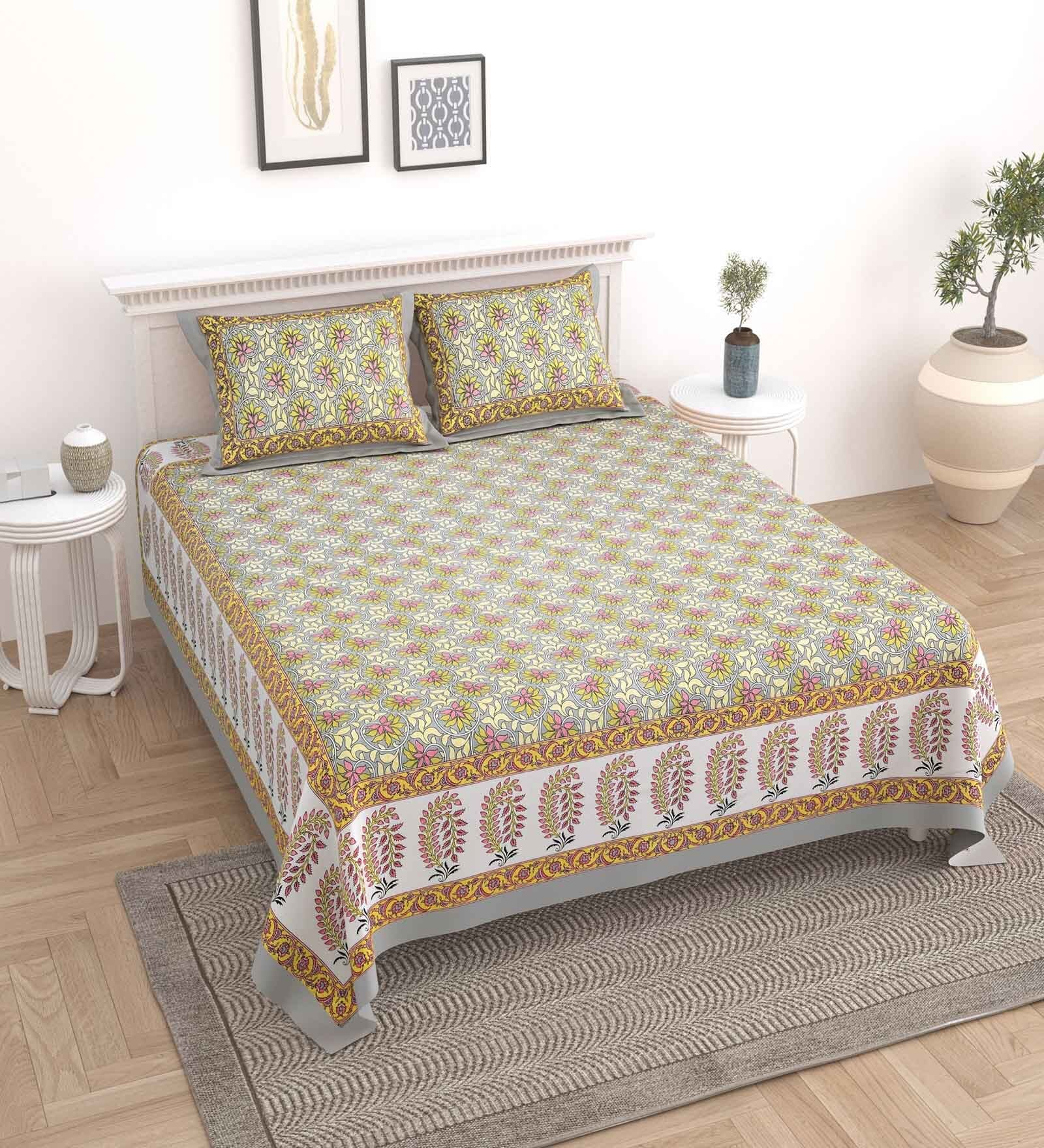 Grey Floral 144 TC Cotton King Bedsheet and 2 Pillow Cover