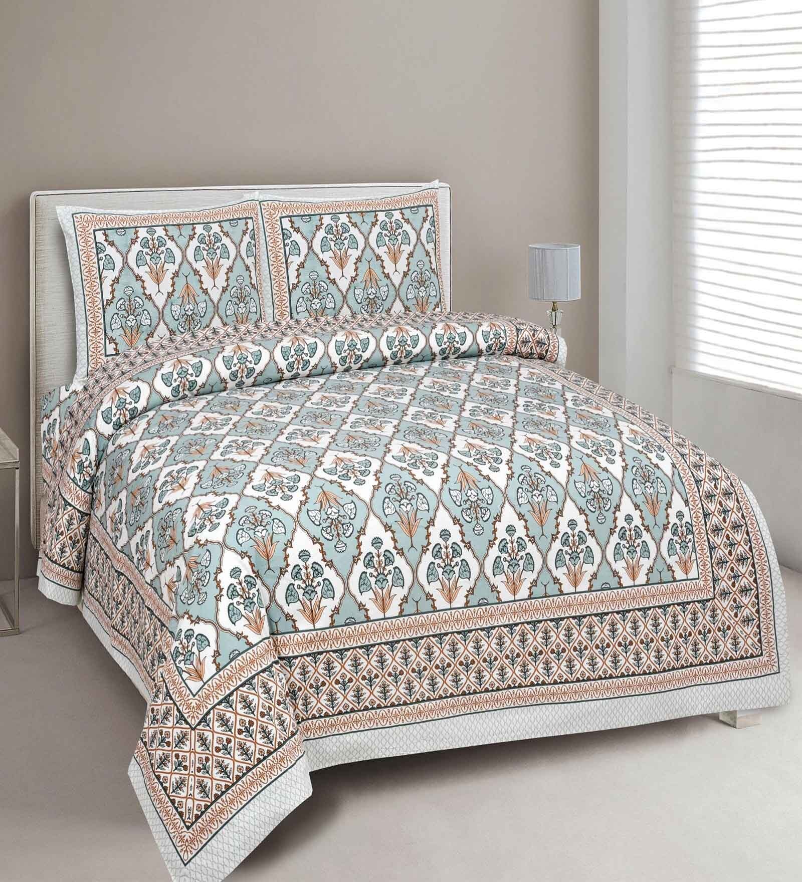 Grey Floral 144 TC Cotton King Bedsheet and 2 Pillow Cover