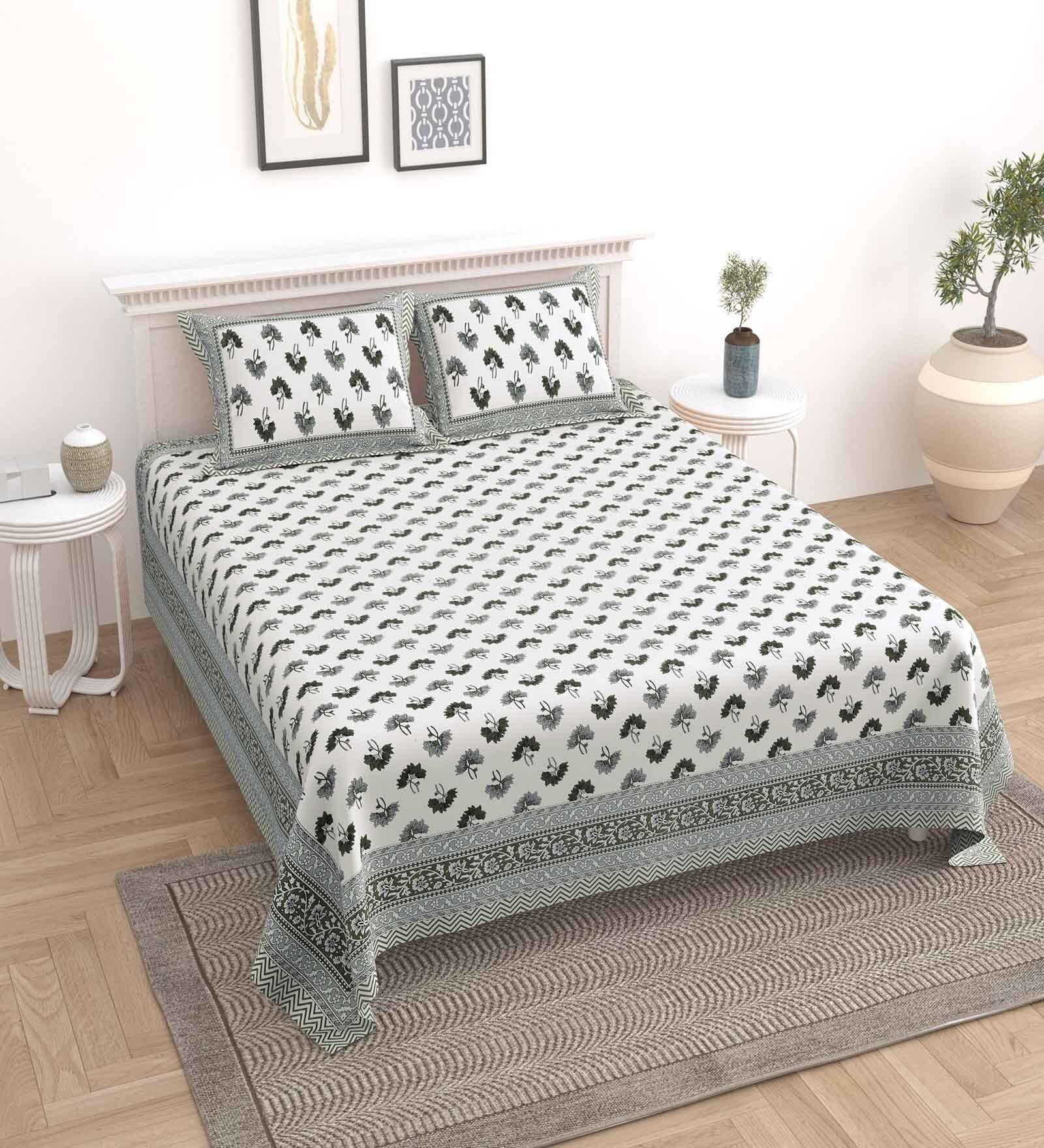 Grey Floral 144 TC Cotton King Bedsheet and 2 Pillow Cover