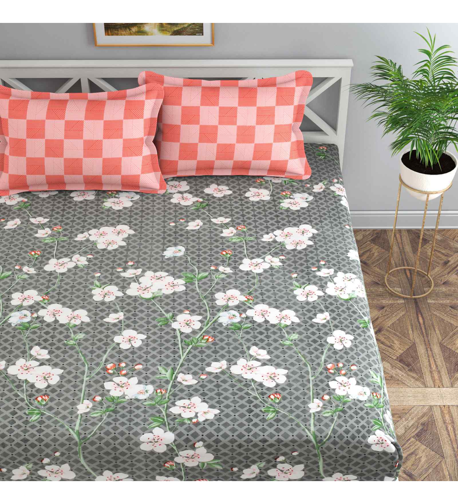 Grey Floral 144 TC Cotton King Fitted Bedsheet Bedsheet 2 Pillow Prime Collection
