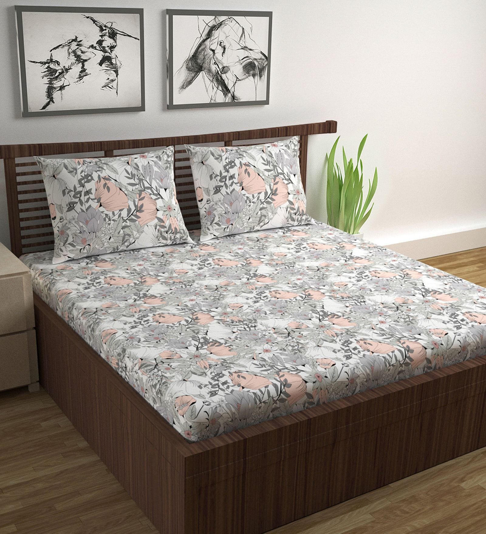 Grey Floral 144 TC Cotton Queen Sized Bed Sheets with 2 Pillow Covers