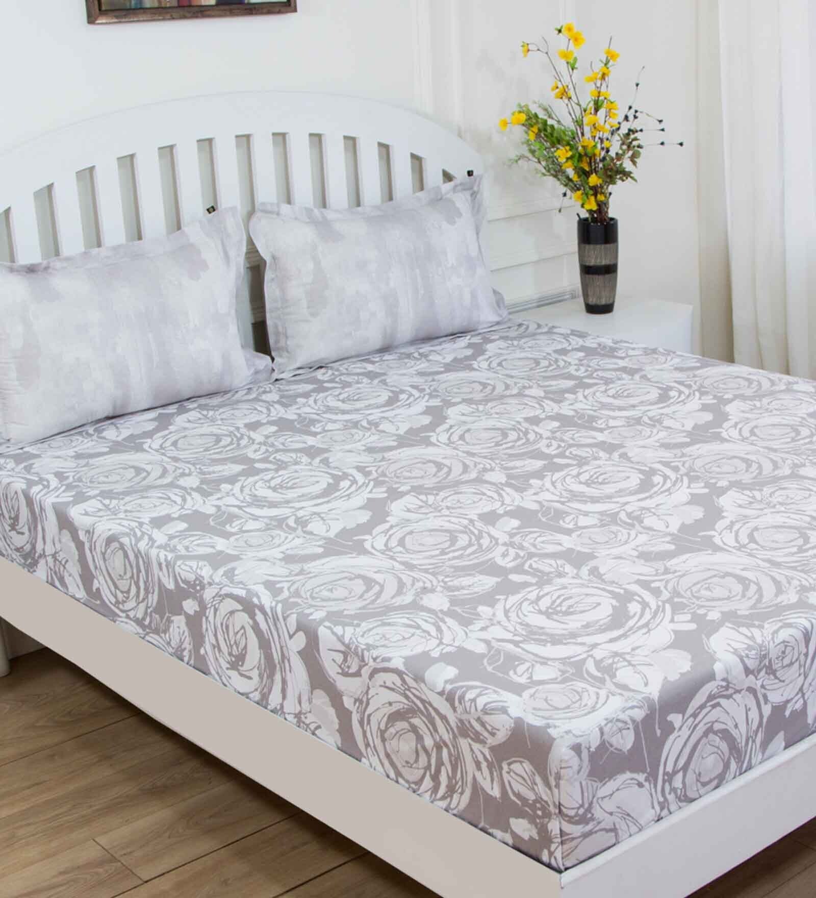 Grey Floral 144 TC Cotton Queen Sized Bed Sheets with 2 Pillow Covers