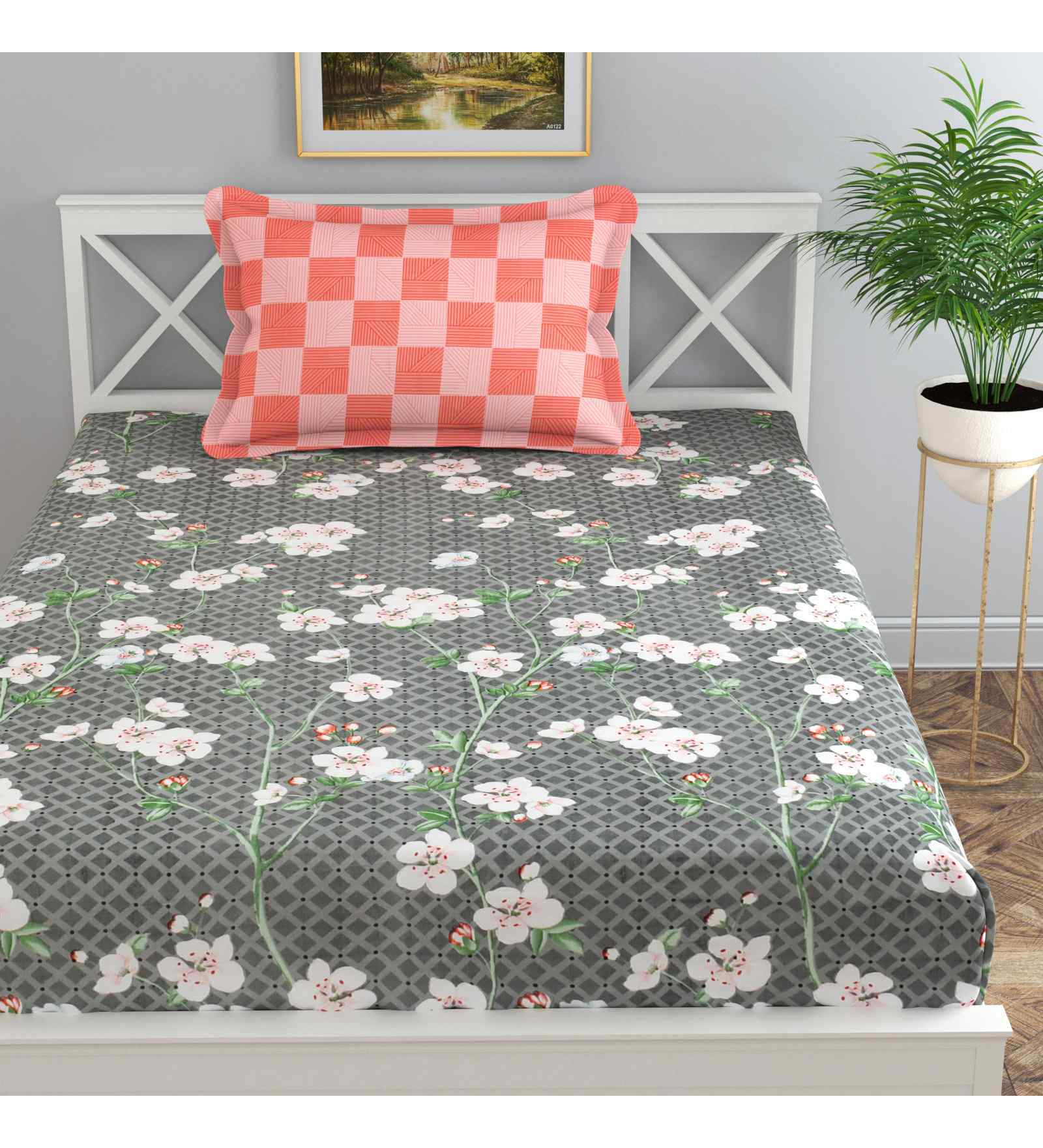 Grey Floral 144 TC Cotton Single Bed Sheet Bedsheet 1 Pillow Prime Collection Grey Floral 144 TC Cotton Single Bed Sheet Bedsheet 1 Pillow Prime Collection