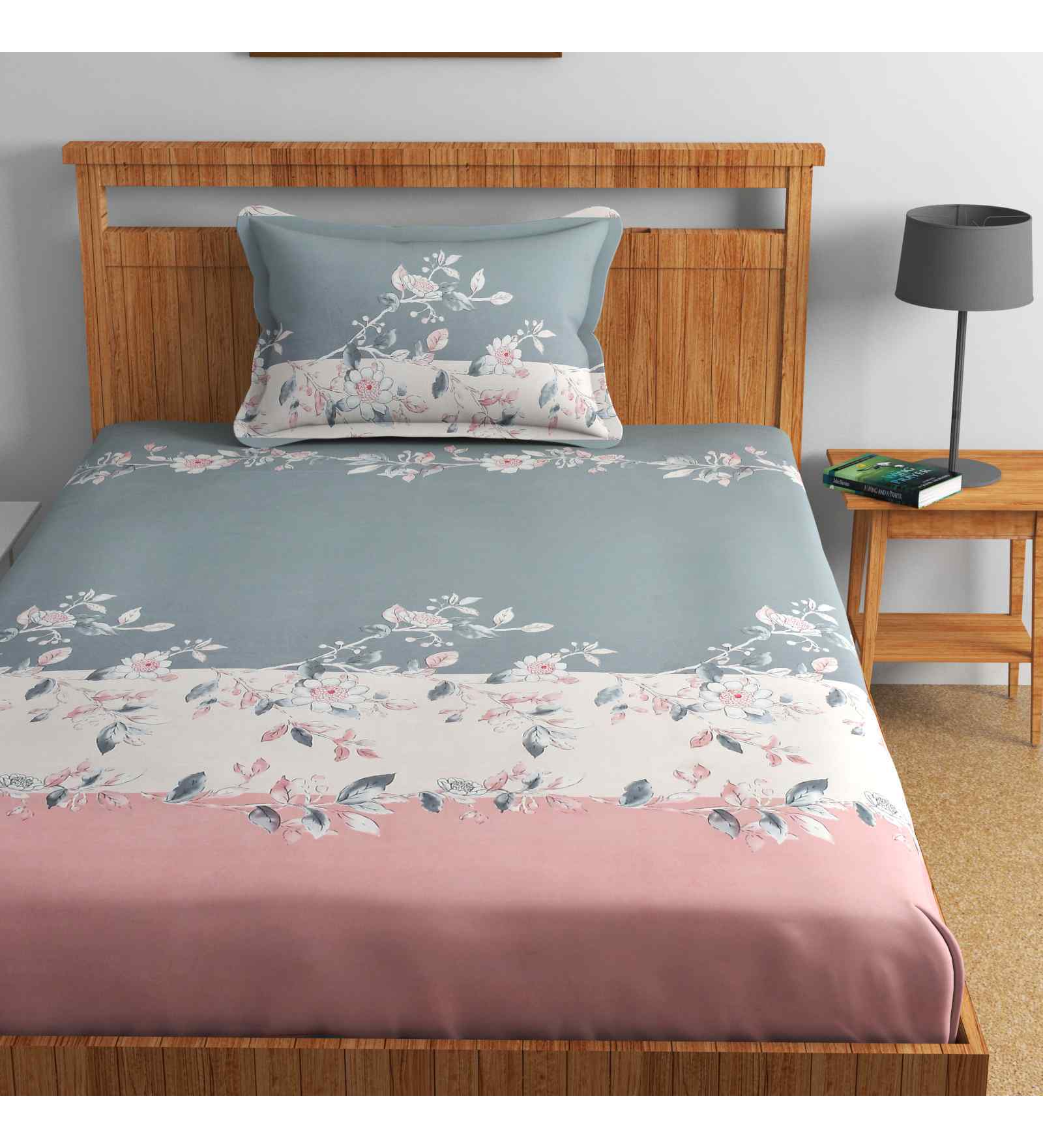 Grey Floral 144 TC Cotton Single Bed Sheet Bedsheet 1 Pillow Rose Collection