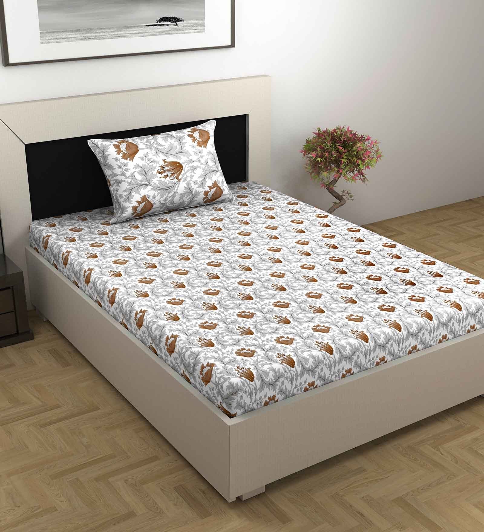 Grey Floral 144 TC Cotton Single Bedsheet With 1 Pillow Cover