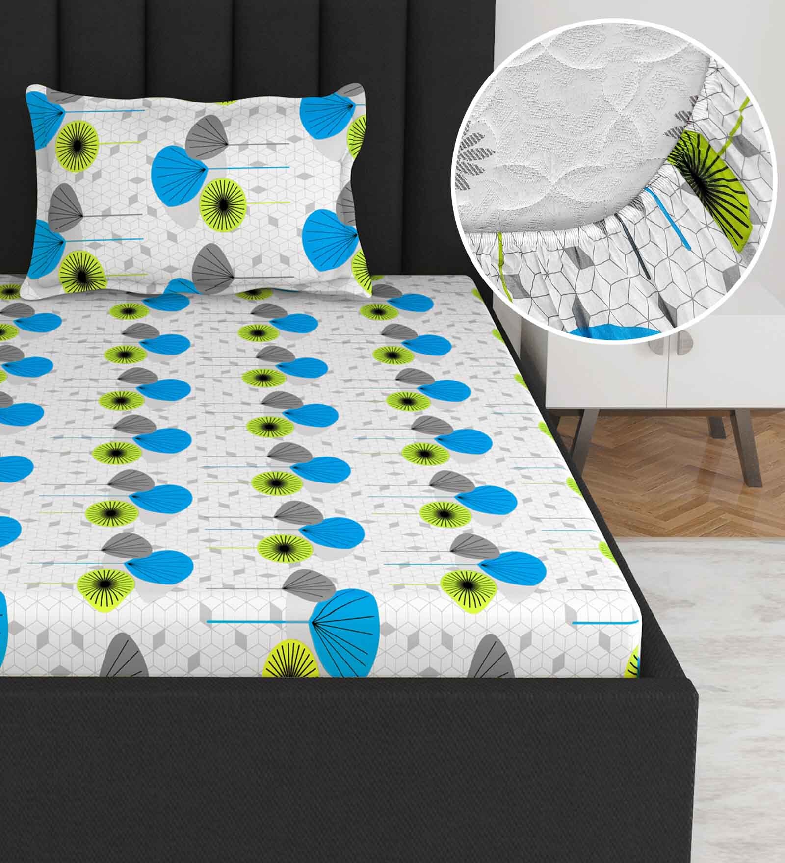 White Floral 144 TC Cotton Single Fitted Bedsheet With 1 Pillow Cover