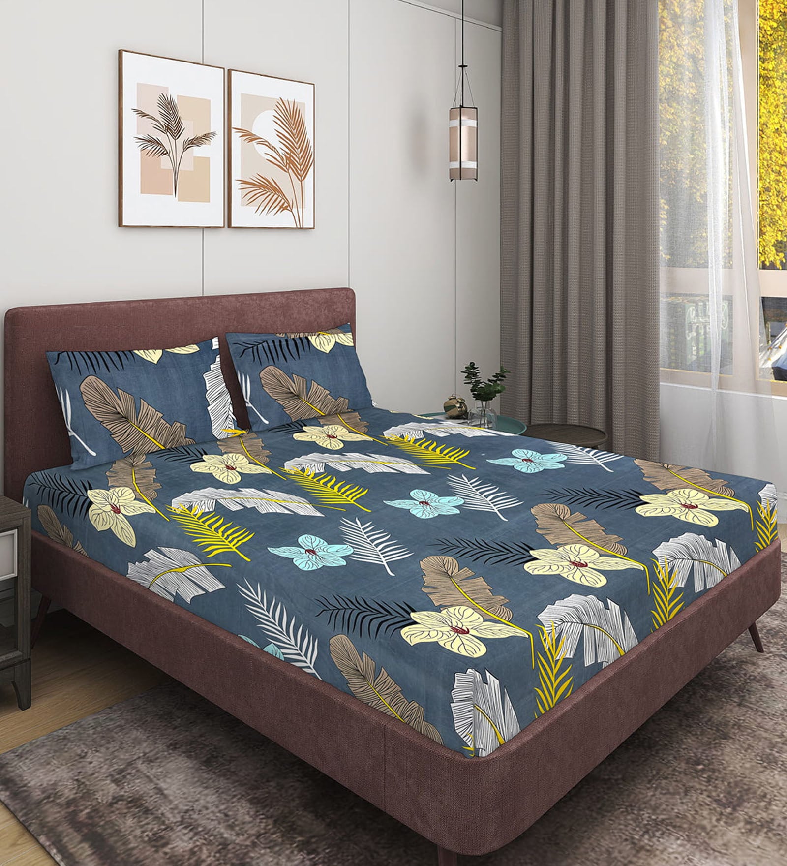 Grey Floral 144 TC Glace Cotton Queen Sized Double Bedsheet with 2 Pillow Covers