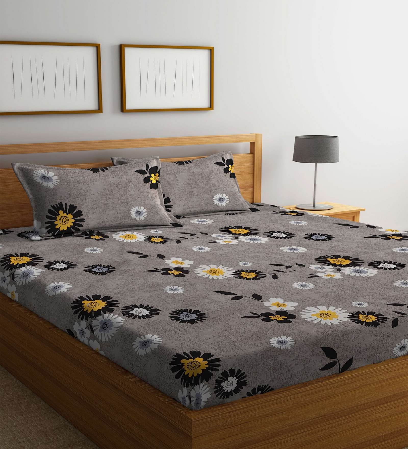 Grey Floral 144 TC Poly Cotton Double Bedsheet With 2 Pillow Cover