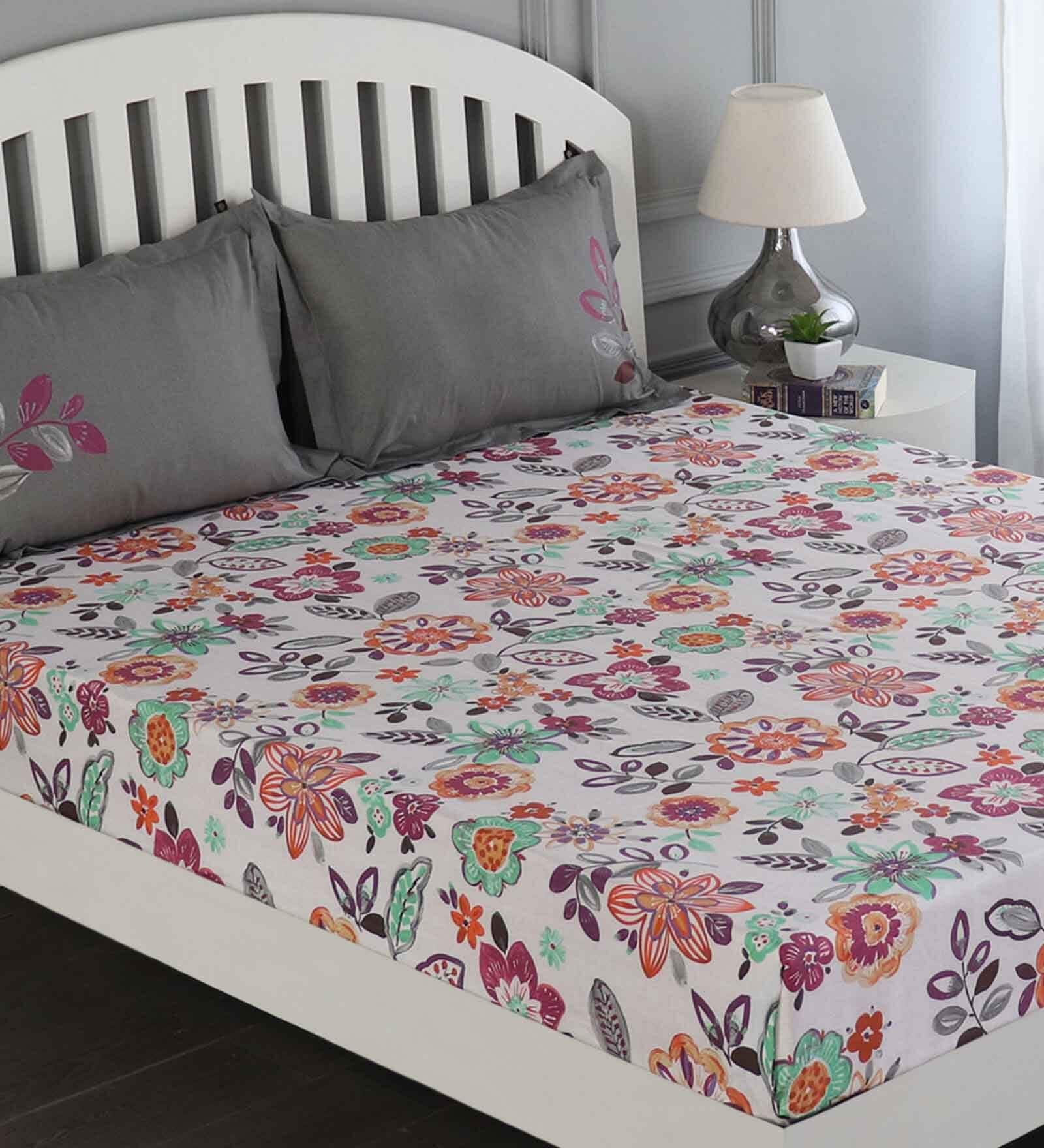 Grey Floral 150 TC Cotton Queen Sized Bed Sheets with 2 Pillow Covers