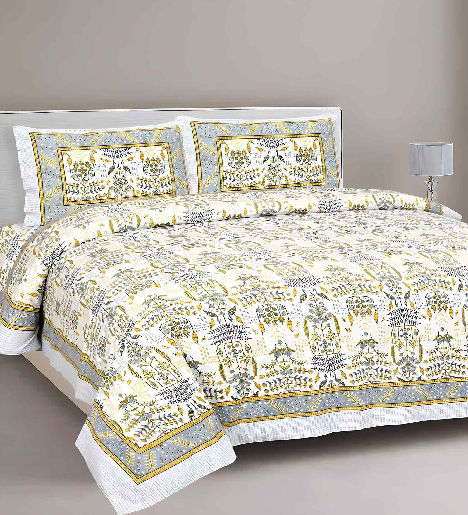 Grey Floral 180 TC Cotton  King Sized Bedsheet with 2 Pillow Covers