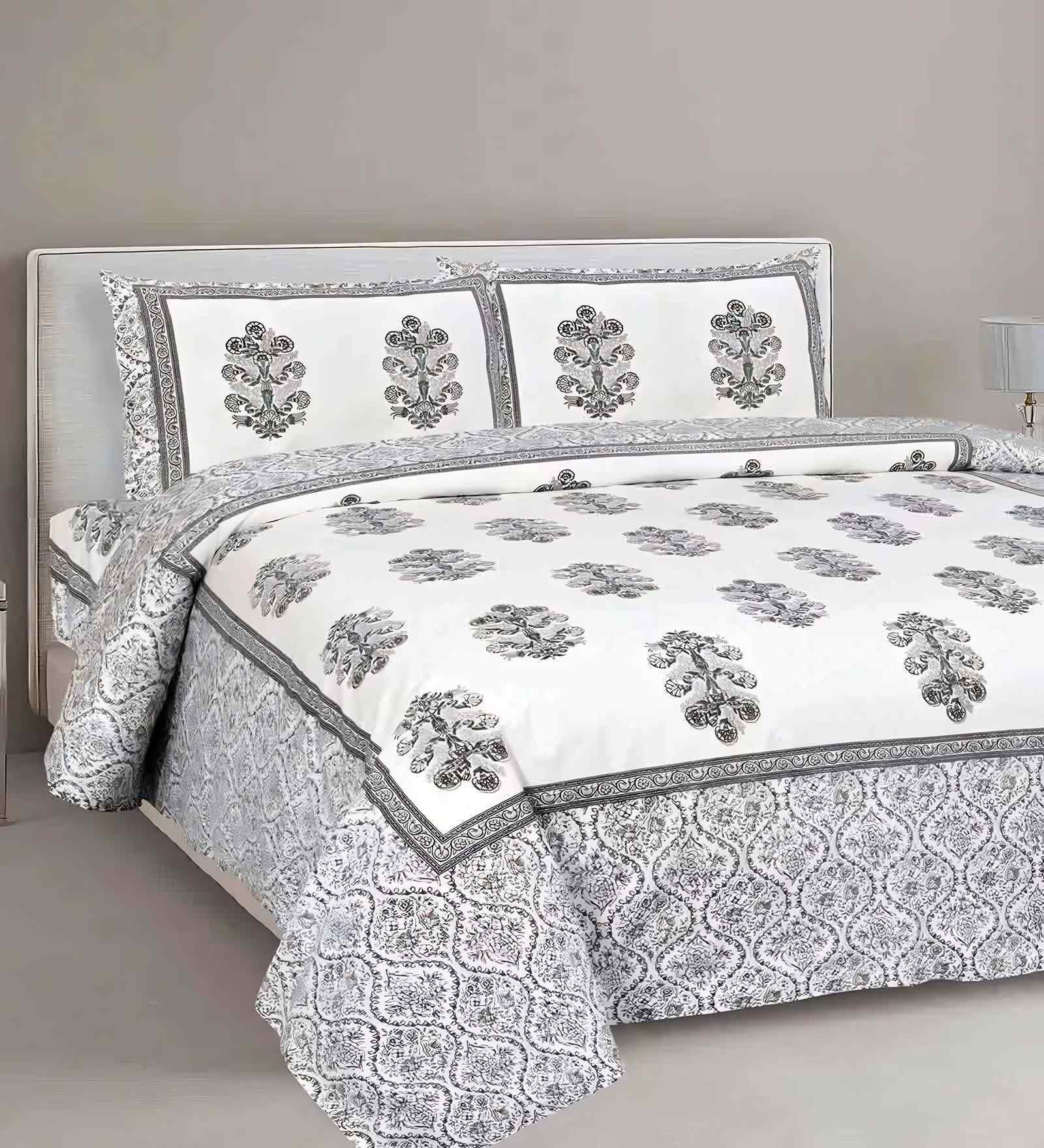 Grey Floral 180 TC Cotton  King Sized Bedsheet with 2 Pillow Covers