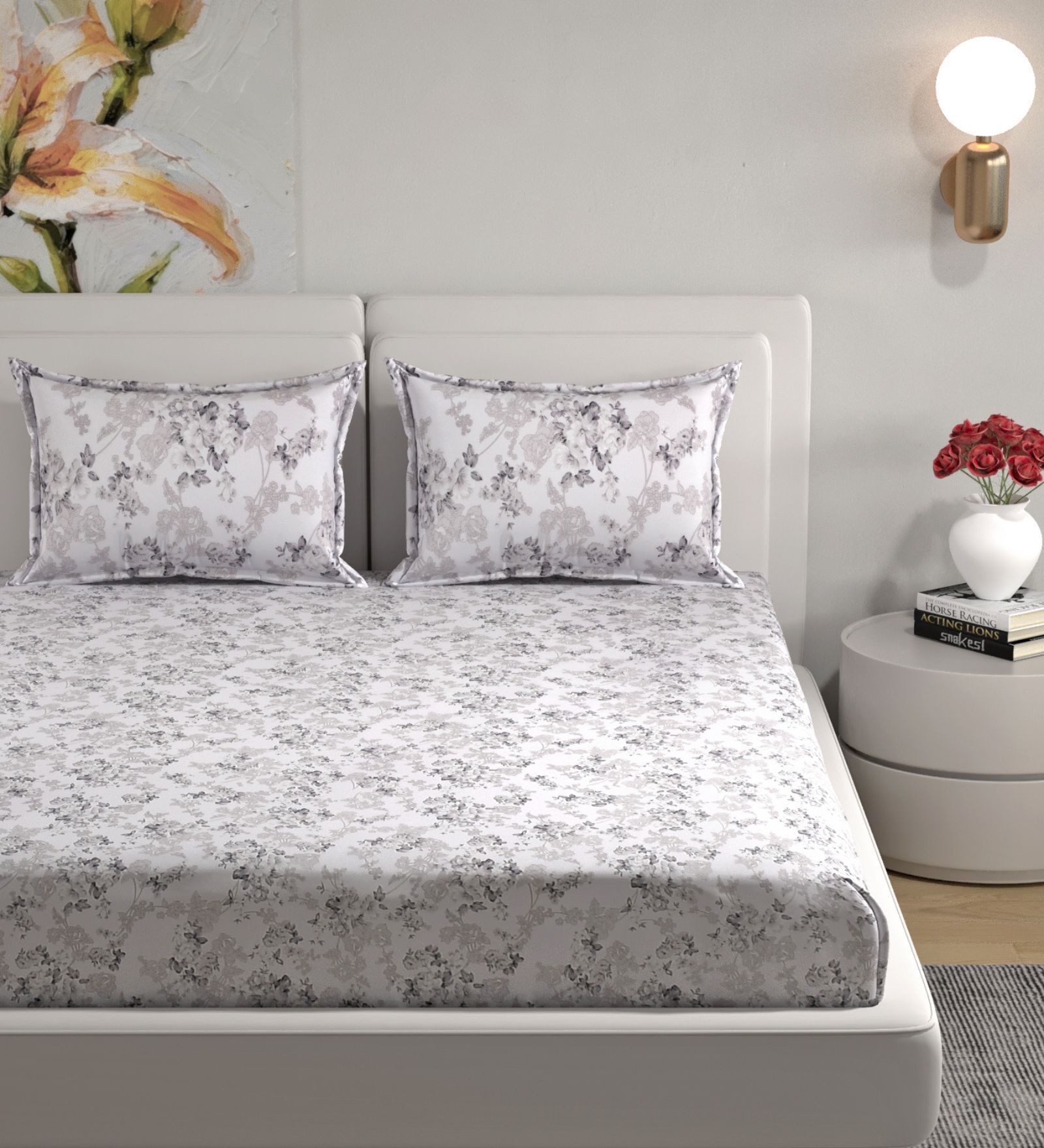 Grey Floral 180 TC Cotton King Bedhseet 2 pillow covers