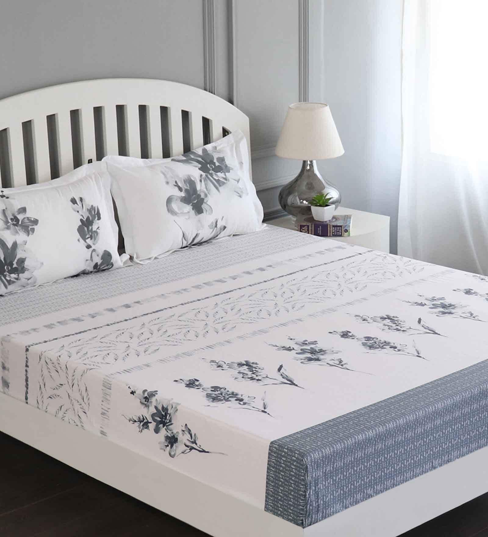 Grey Floral 180 TC Cotton Queen Sized Bed Sheets with 2 Pillow Covers