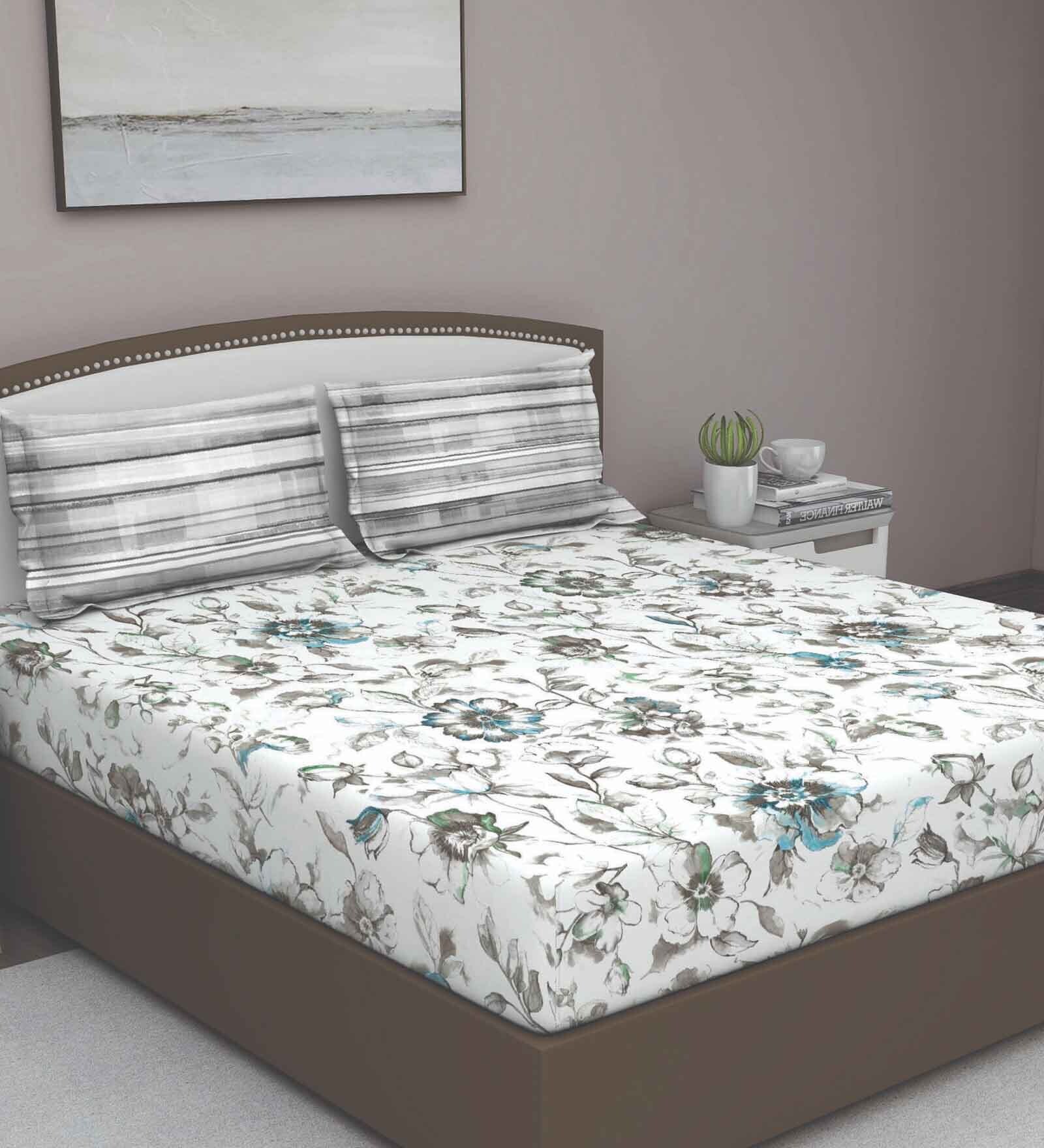 Grey Floral 180 TC Cotton Queen Sized Bed Sheets with 2 Pillow Covers