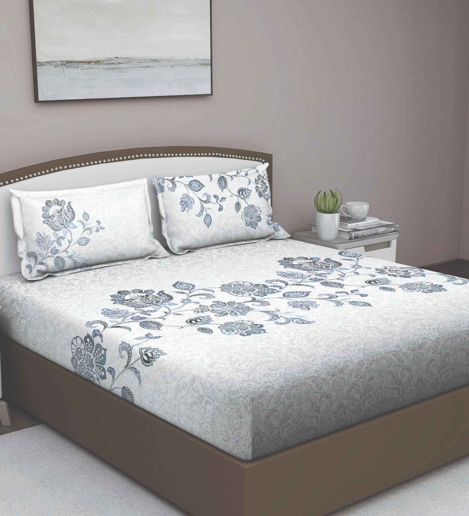 Grey Floral 180 TC Cotton Queen Sized Bed Sheets with 2 Pillow Covers