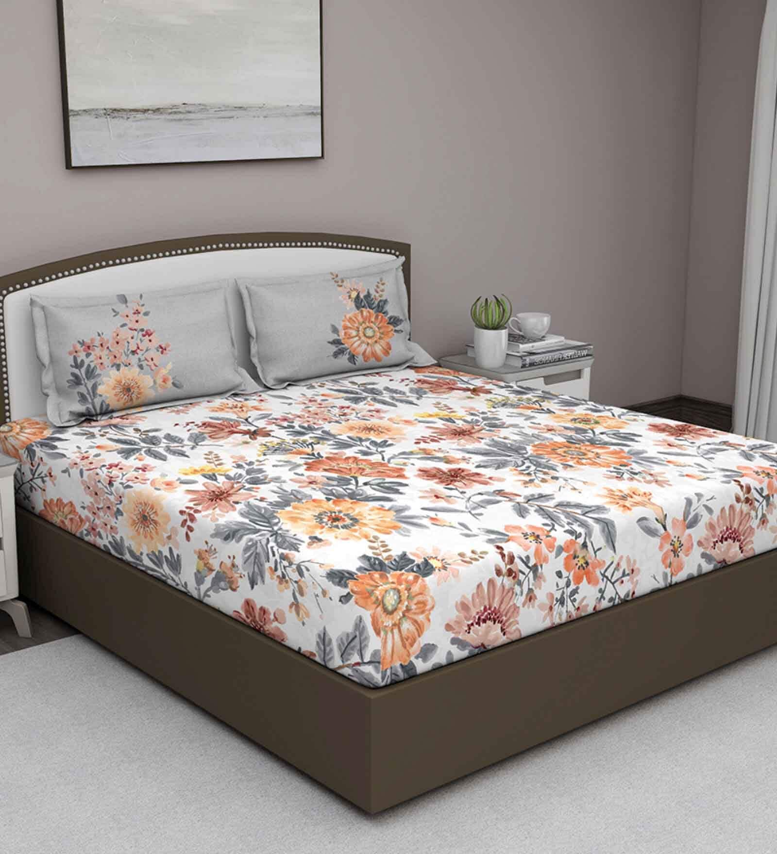 Grey Floral 180 TC Cotton Queen Sized Bed Sheets with 2 Pillow Covers