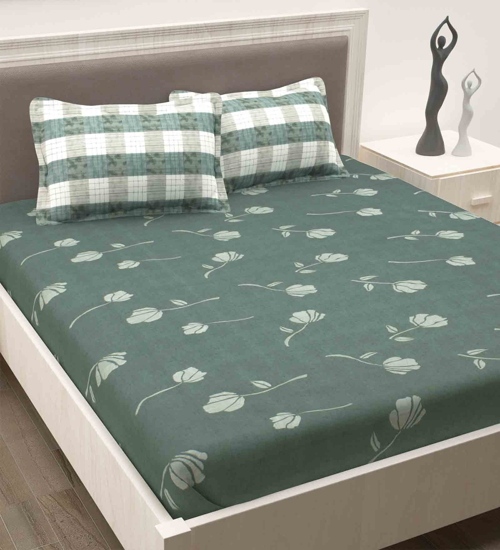 Grey Floral 186 TC 100% Cotton King Sized Bed Sheets with 2 Pillow Covers