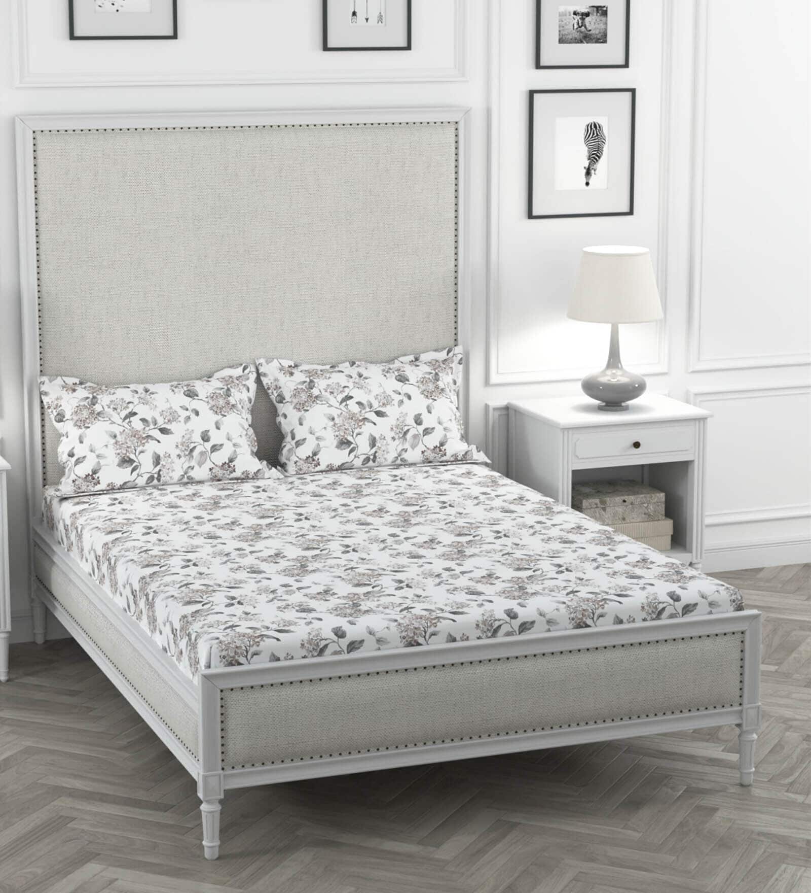 Grey Floral 200 TC 100% Cotton Double Bedsheet With 2 Pillow Covers Solana Collection
