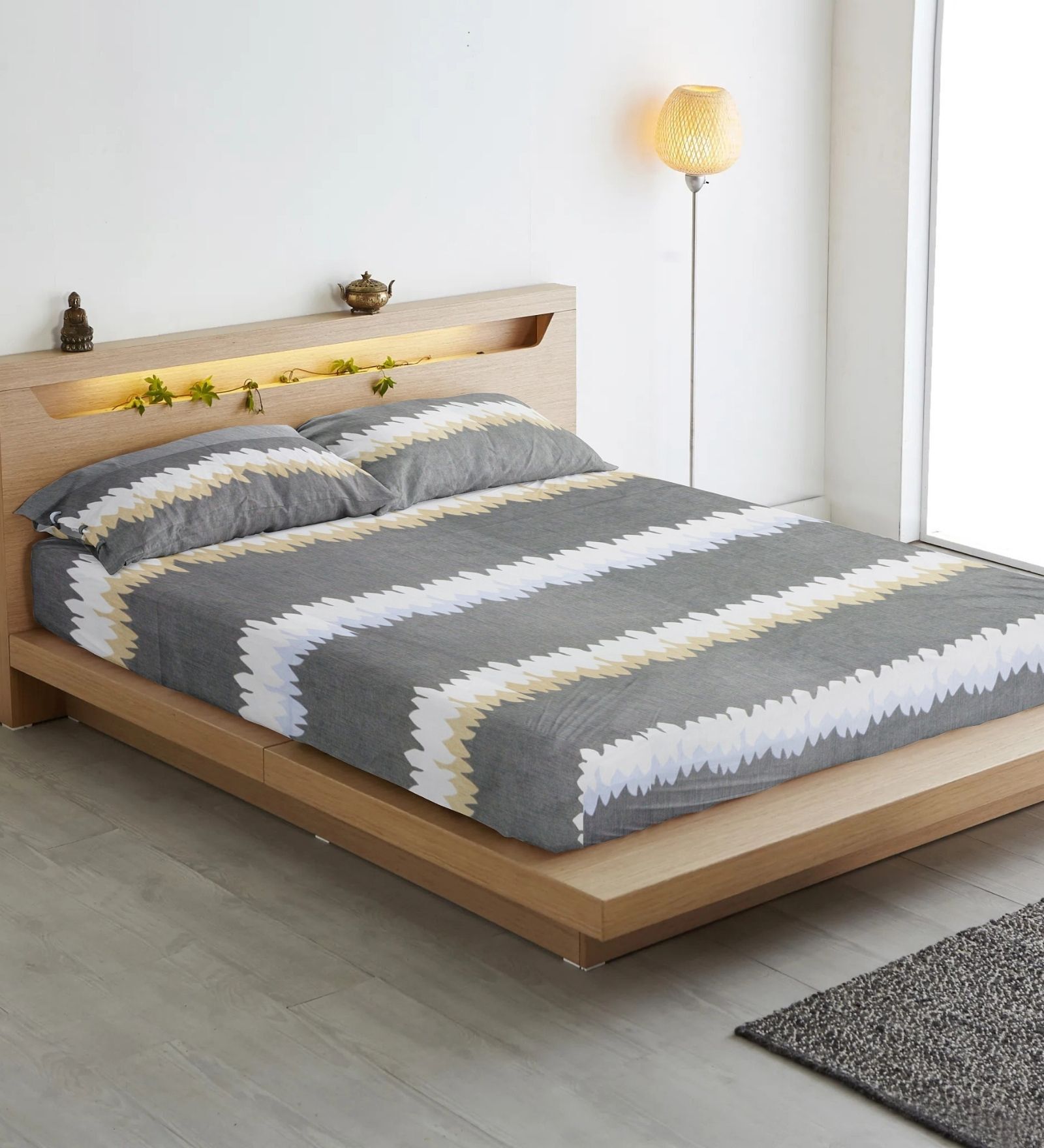 Grey Stripes 210 TC Cotton Blend Fitted Bedsheet & 2 Pillow Covers