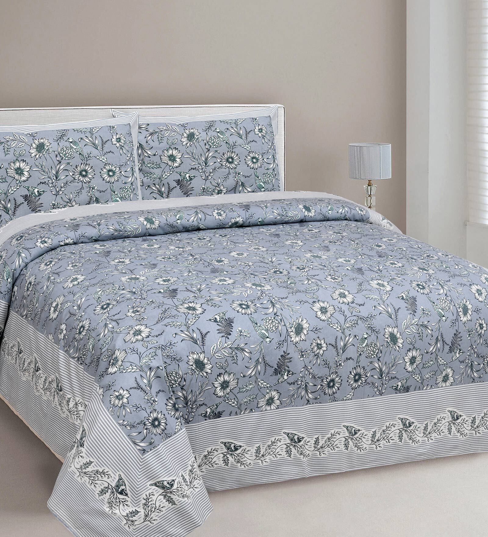 Grey Floral 210 TC Cotton King Sized Bed Sheets with 2 Pillow Covers