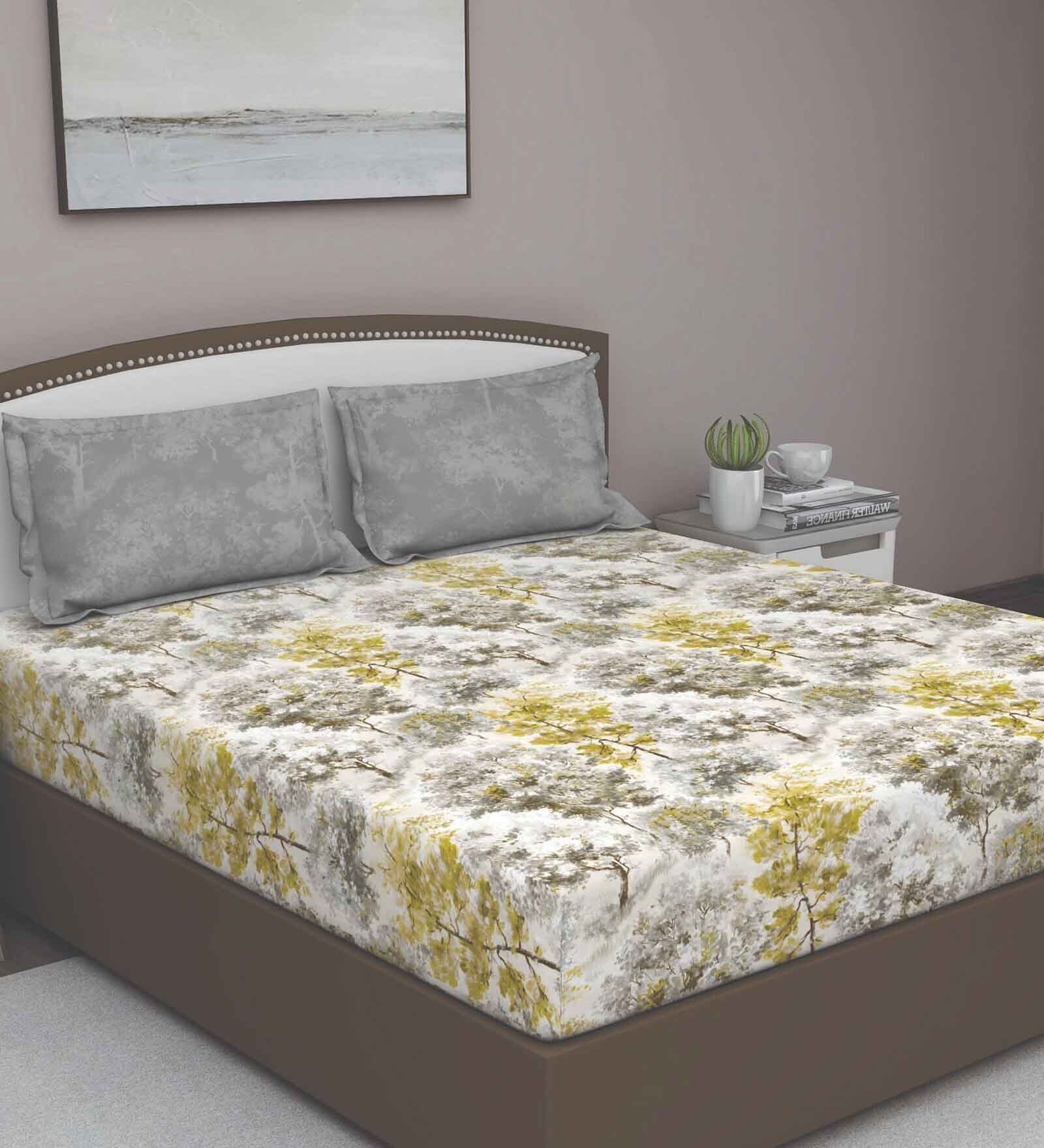 Grey Floral 210 TC Cotton Queen Sized Bed Sheets with 2 Pillow Covers