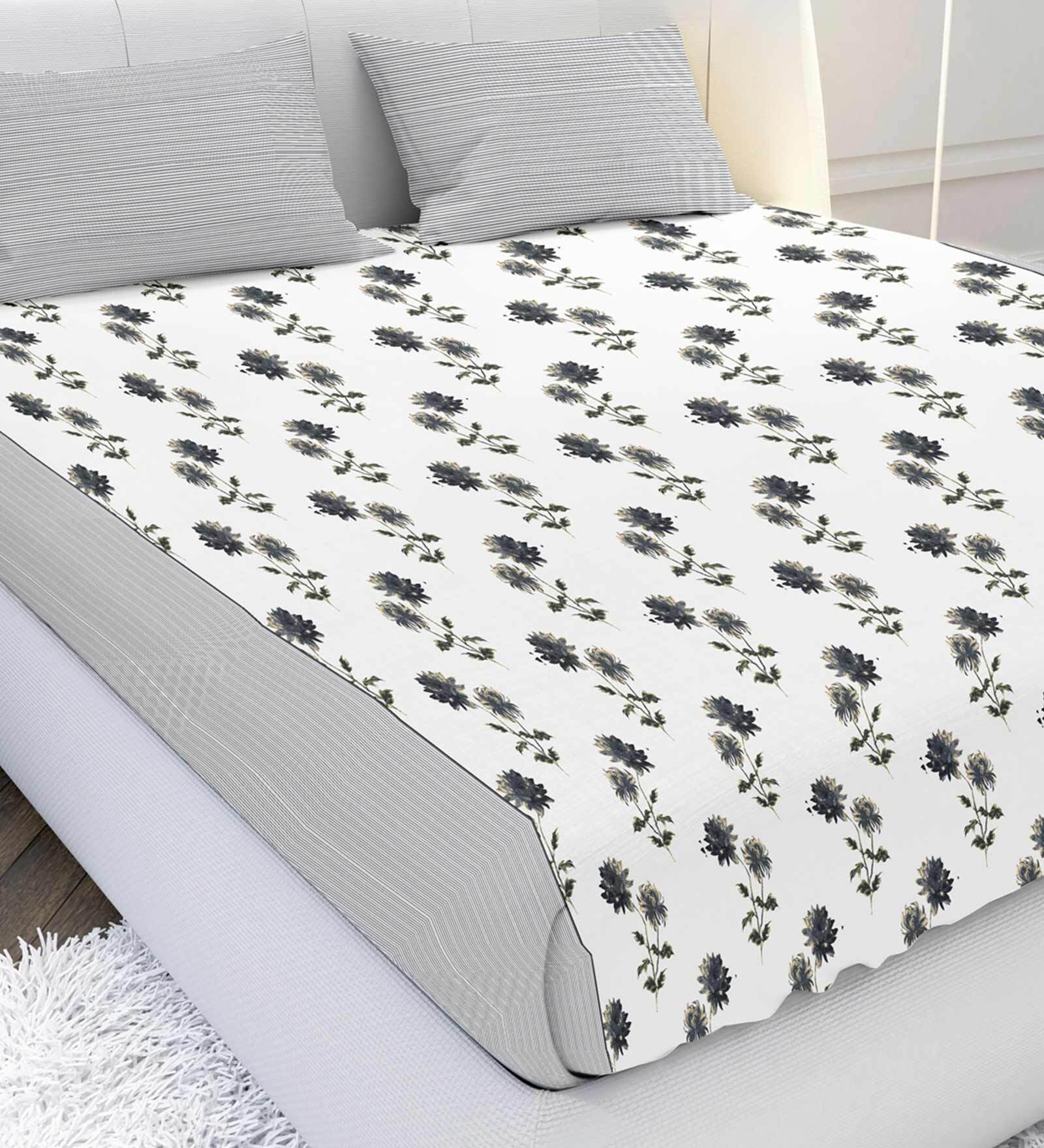 Buy Grey Floral 210 TC Cotton Satin King Bedsheet With 2 Pillow covers