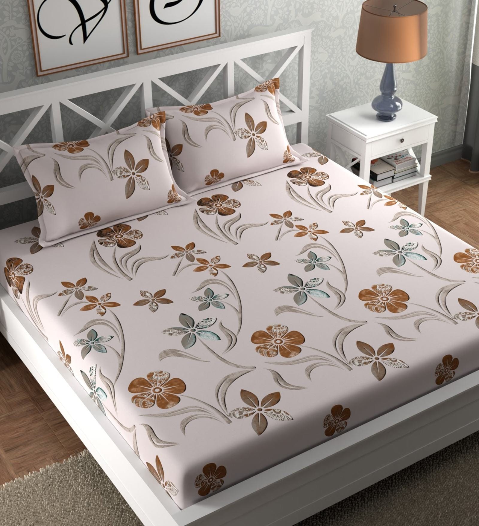 Grey Floral 210 TC Microfiber Double Queen Bedsheet With 2 Pillow Covers