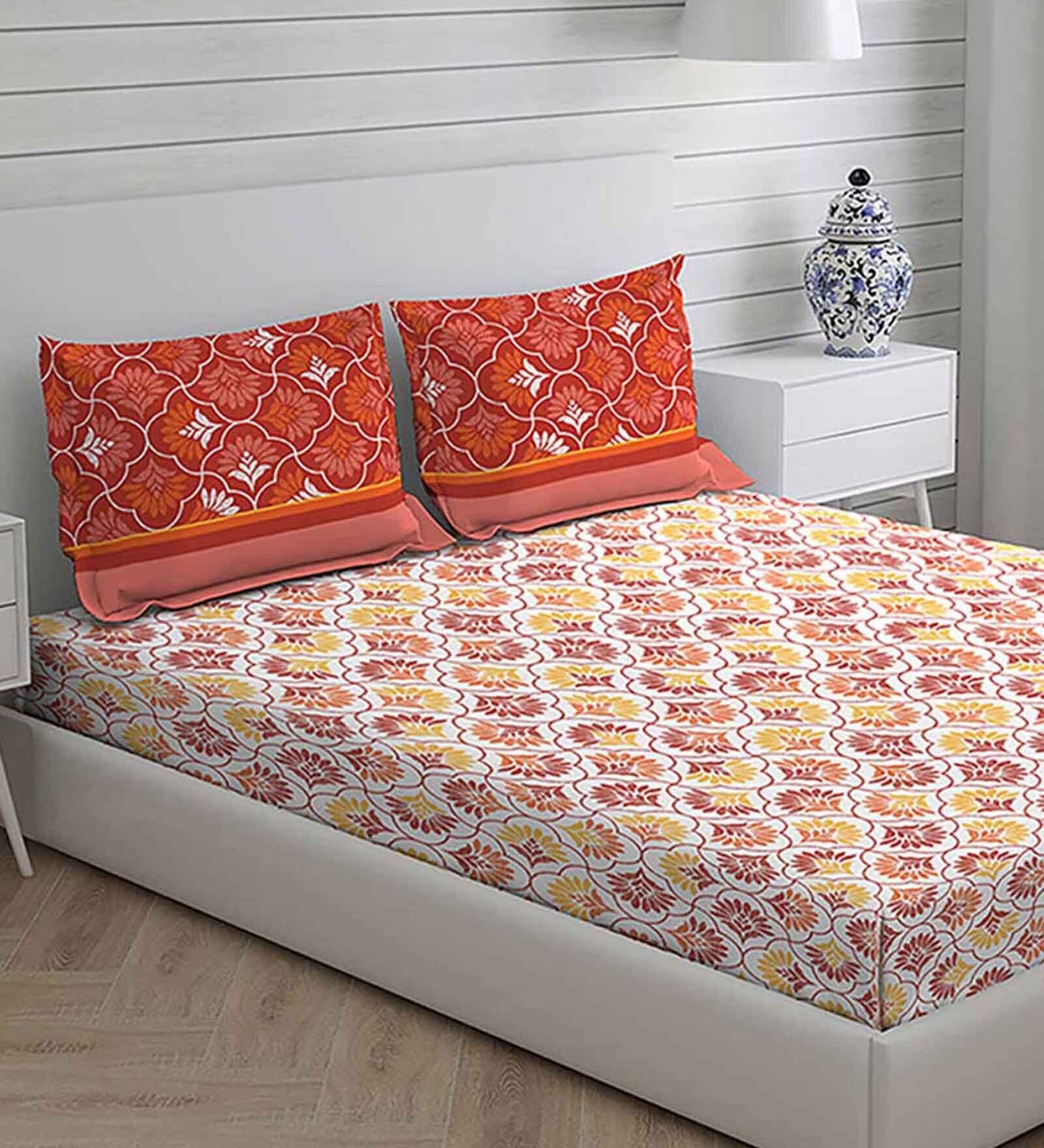 Buy Orange Floral 225 TC Cotton Queen Sized Bed Sheets with 2 Pillow ...