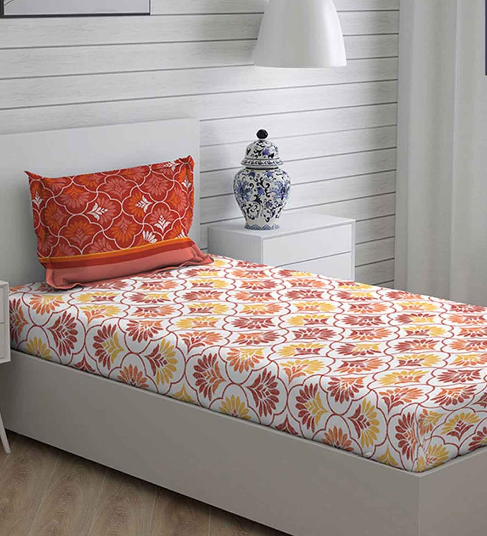 Buy Orange Floral 225 TC Cotton Single Bed Sized Bed Sheets with 2 ...