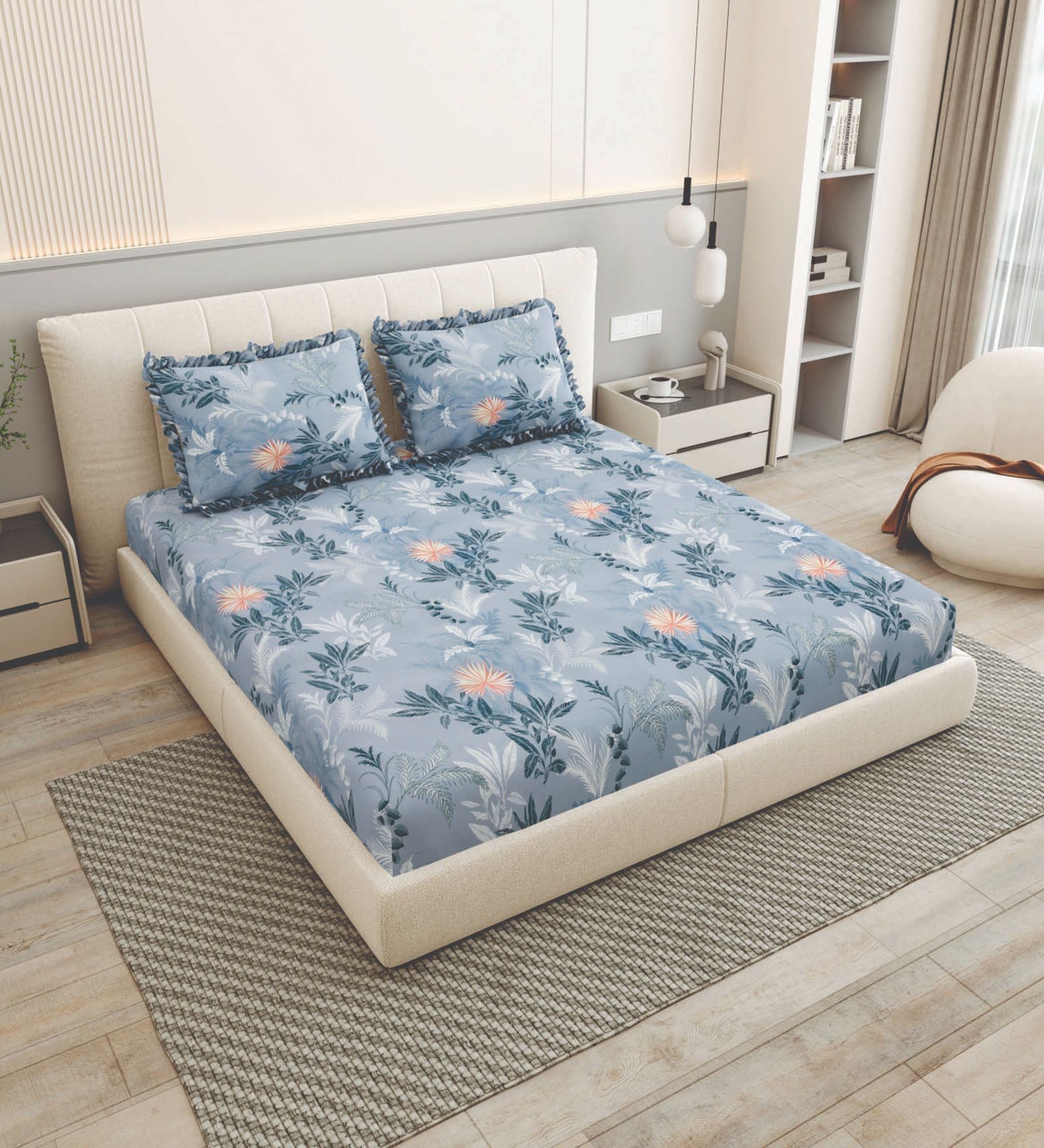 Blue Floral 260 Tc Polycotton King Fitted Bedsheet With 2 Pillow Covers