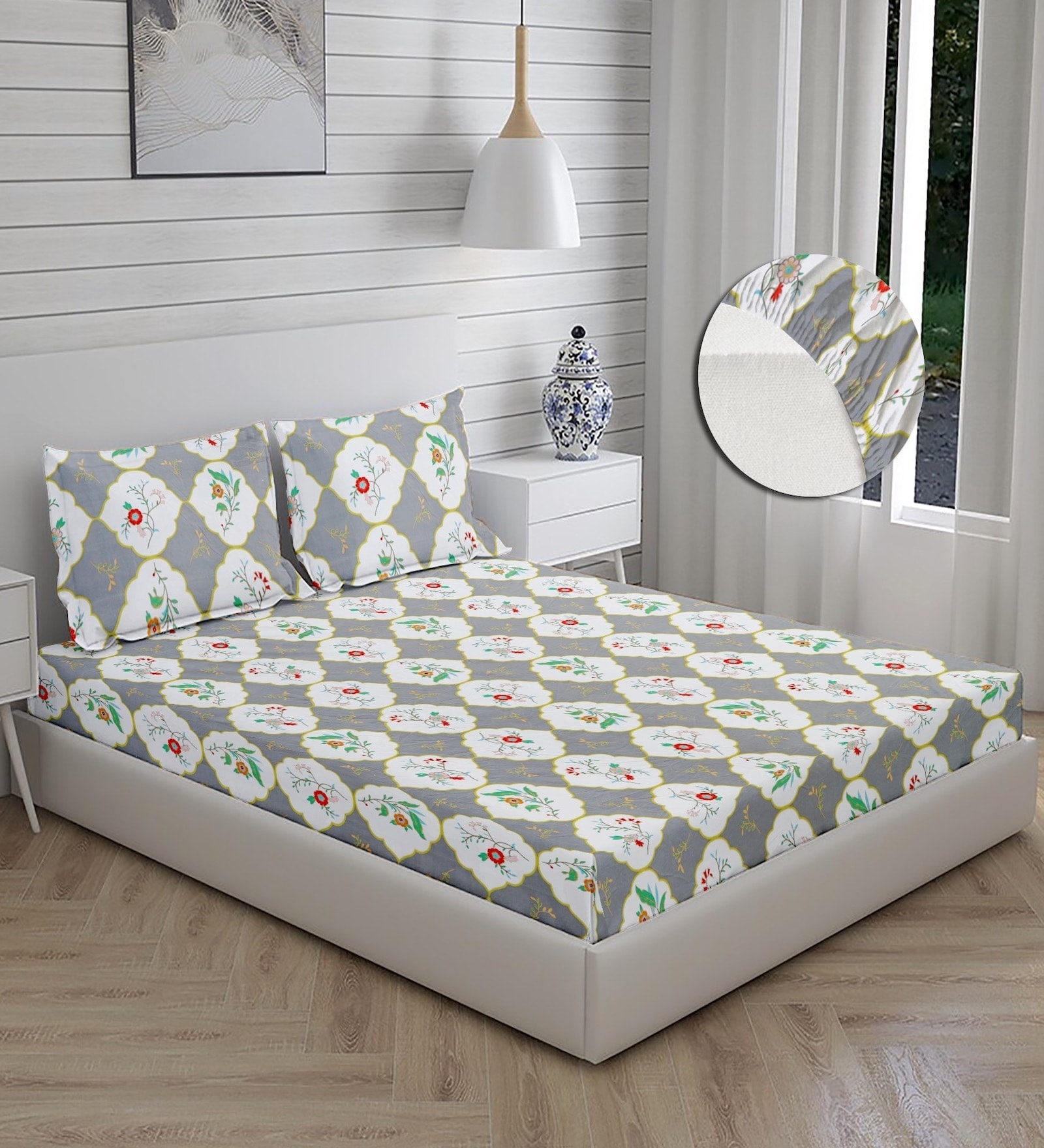 Grey Floral 280 TC Cotton Blend Fitted King Bedsheet With 2 Pillow Covers