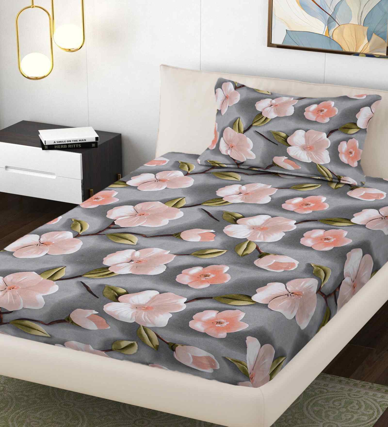Grey Floral 300 TC Cotton Blend 7D Single Bedsheet with 1 Pillow Cover