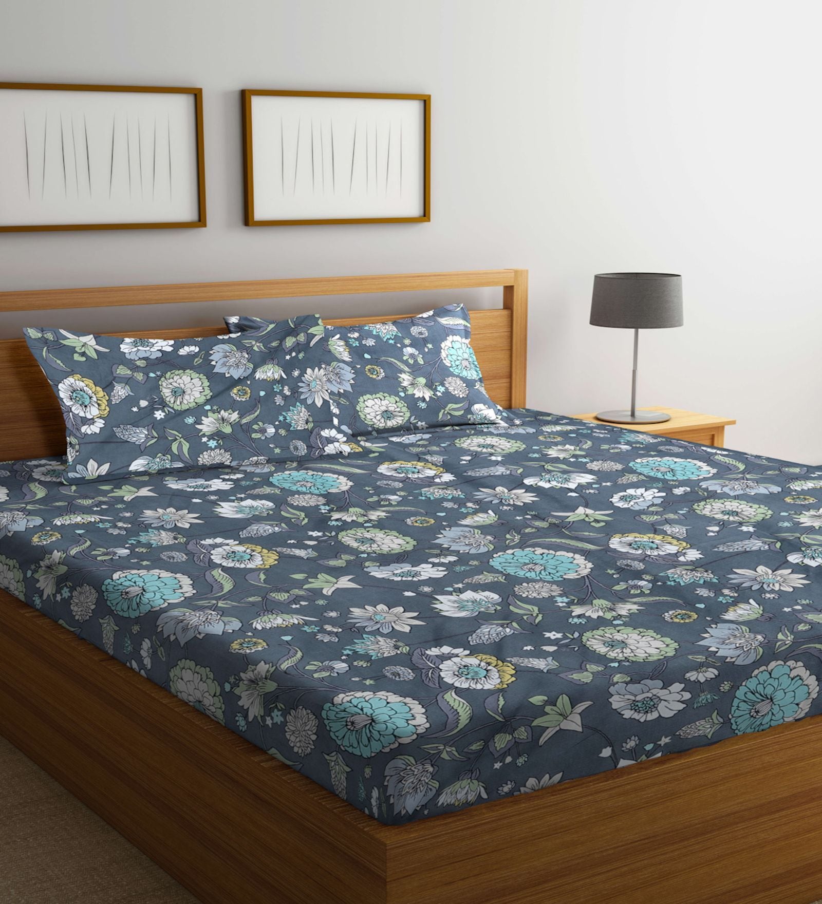 Navy Blue Floral 300 Tc Cotton Blend Double King Size Bedsheet With 2 Pillow Covers