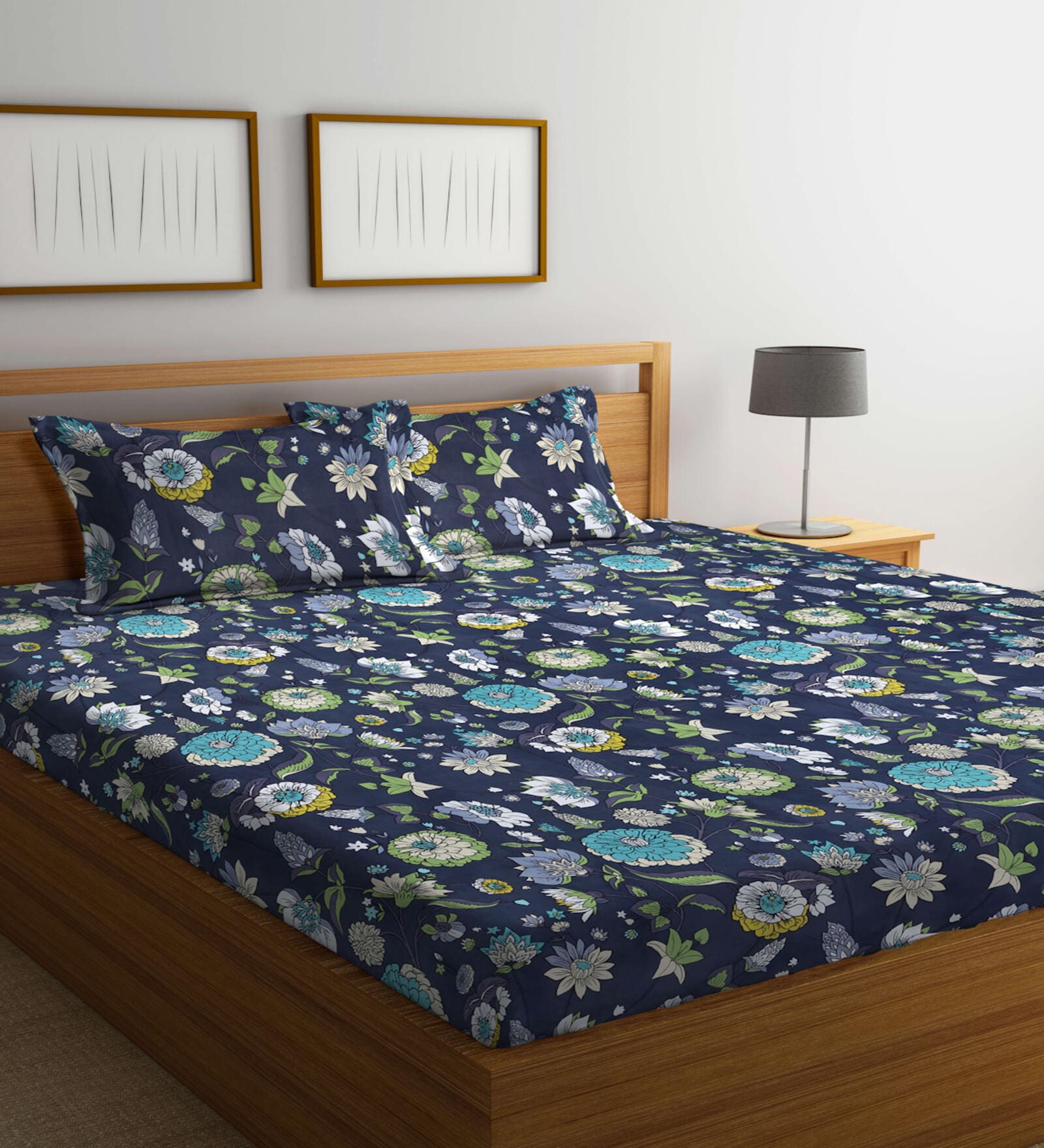 Grey Floral 300 TC Cotton Blend Double Queen Bedsheet With 2 Pillow Covers