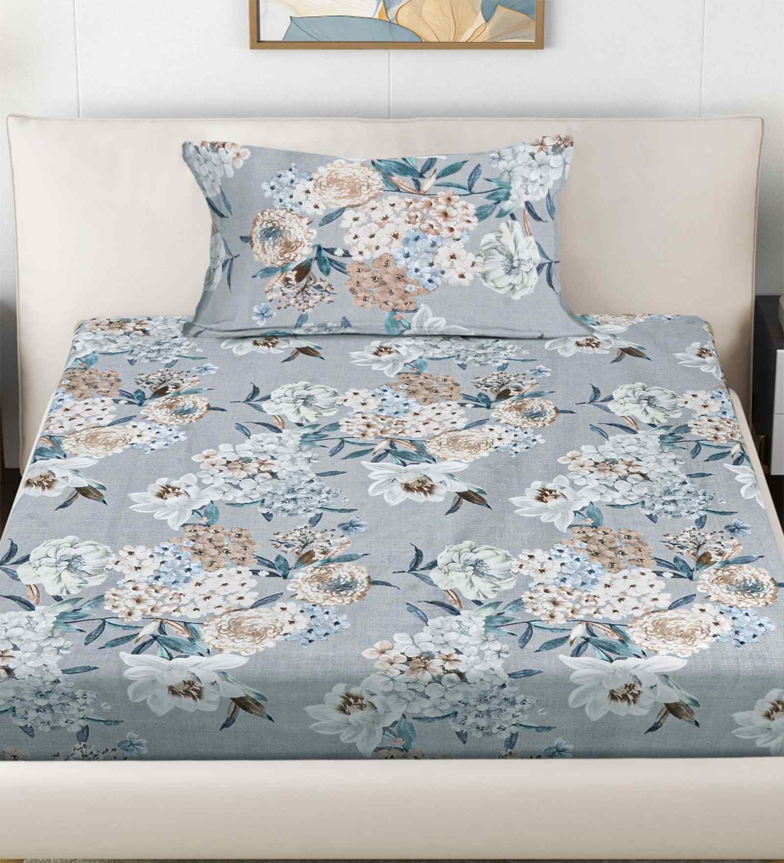 Grey Floral 300 TC Cotton Blend Single Bedsheet with 1 Pillow Cover